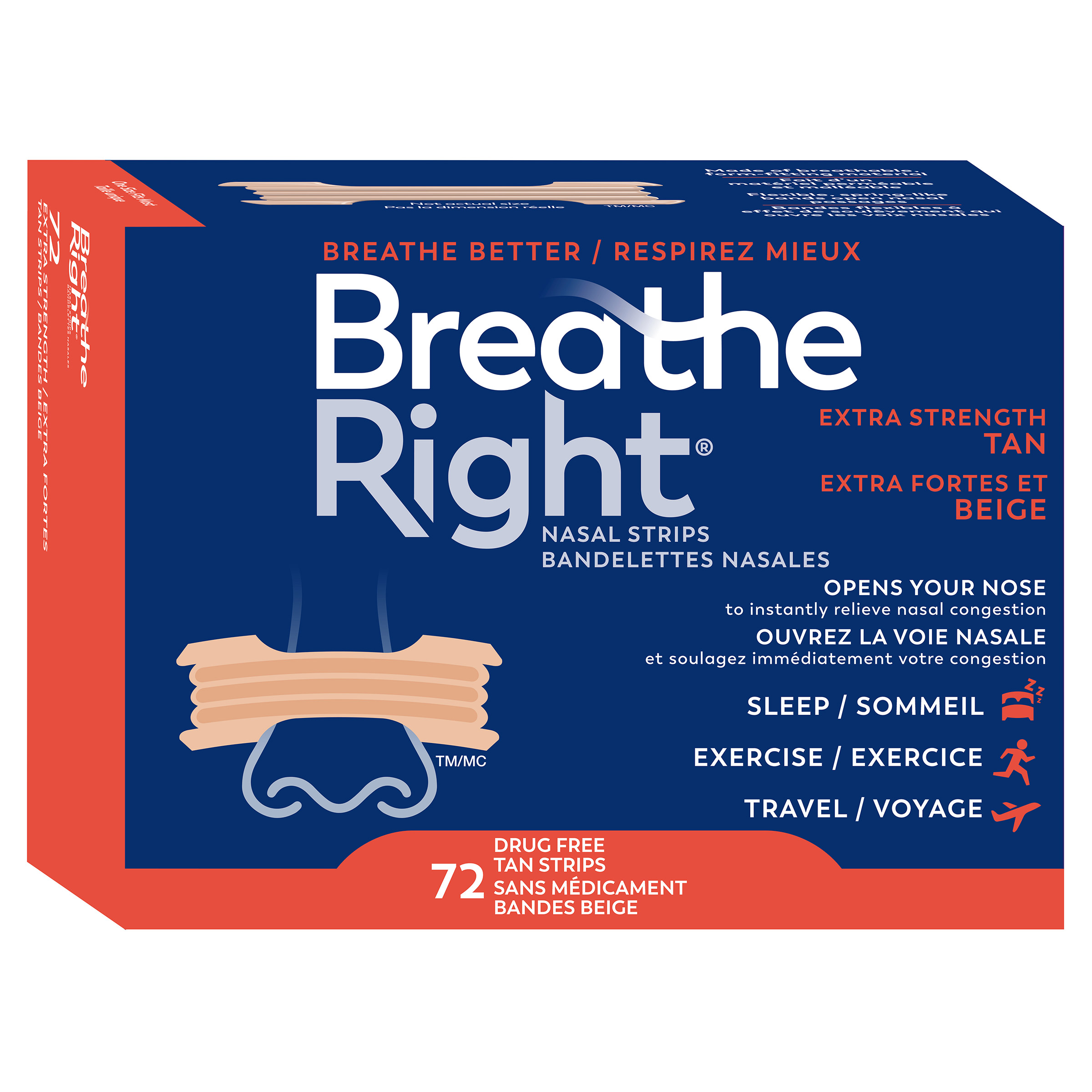 Breathe Right Extra Strength Tan, 72 strips