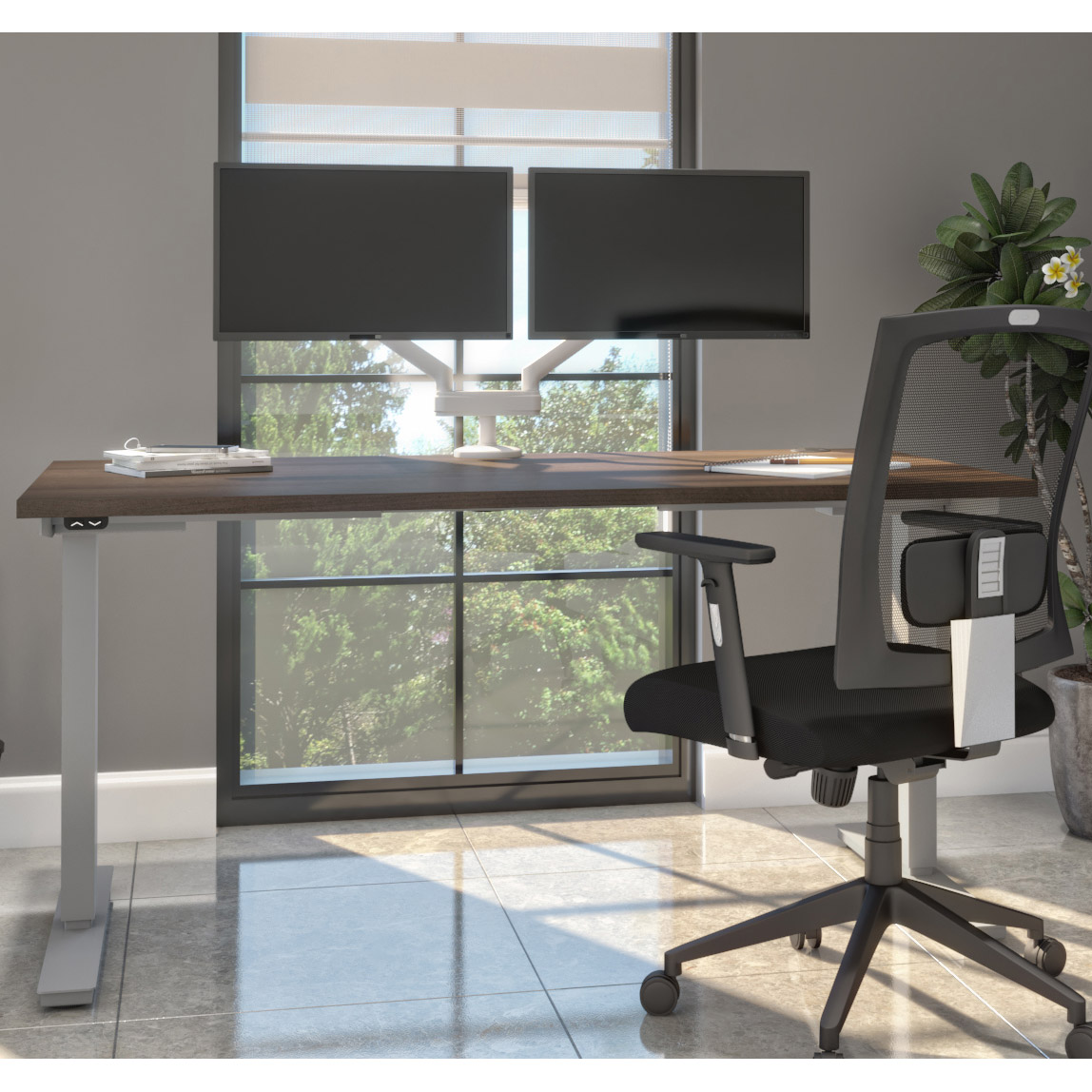 Bestar Upstand 30" x 60" Adjustable Height Desk with Monitor Arms