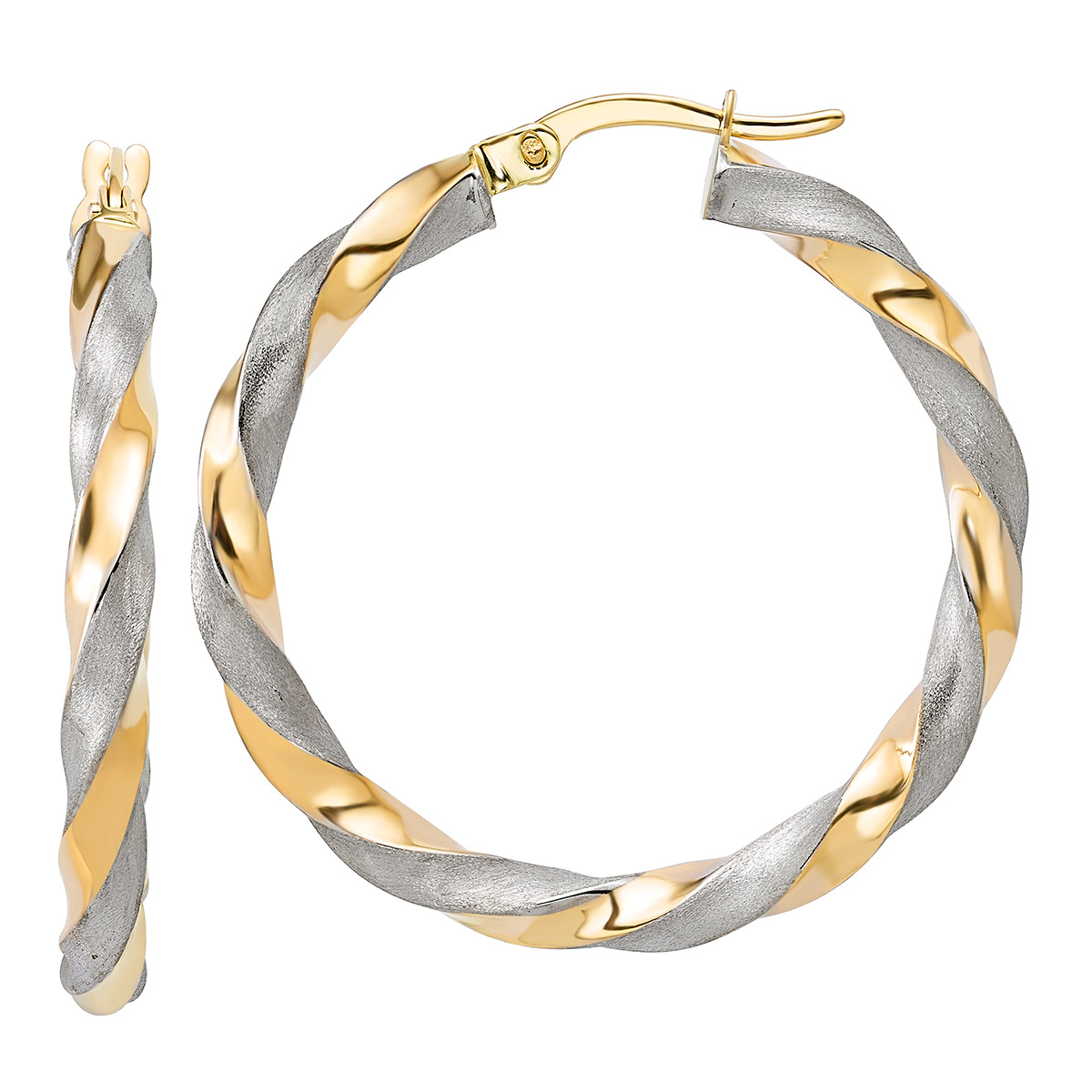 Diamond Cut Twisted Hoop Earrings in Two Tone Gold