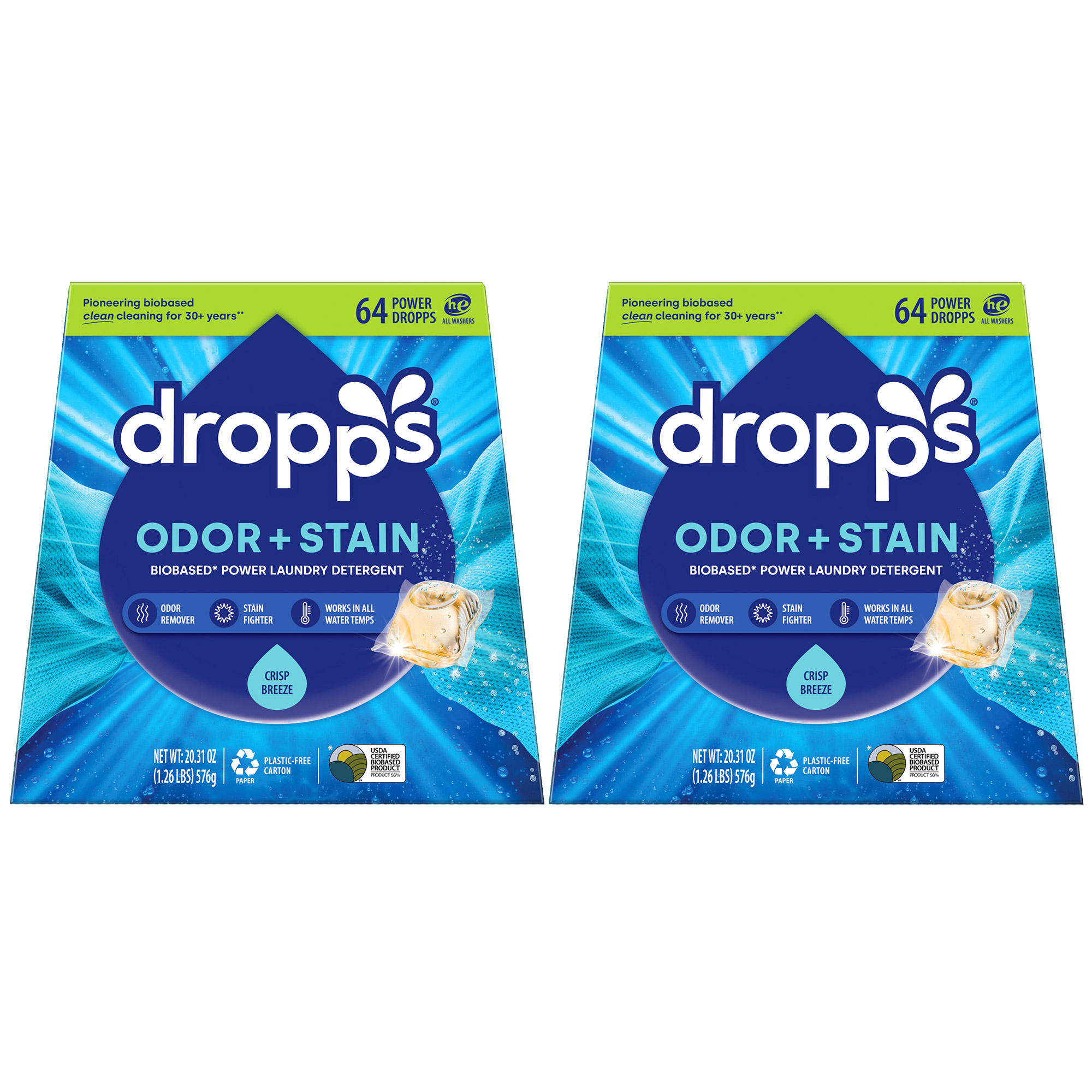 Dropps Odor + Stain Biobased* Power Laundry Detergent Pacs  Crisp Breeze  128-count
