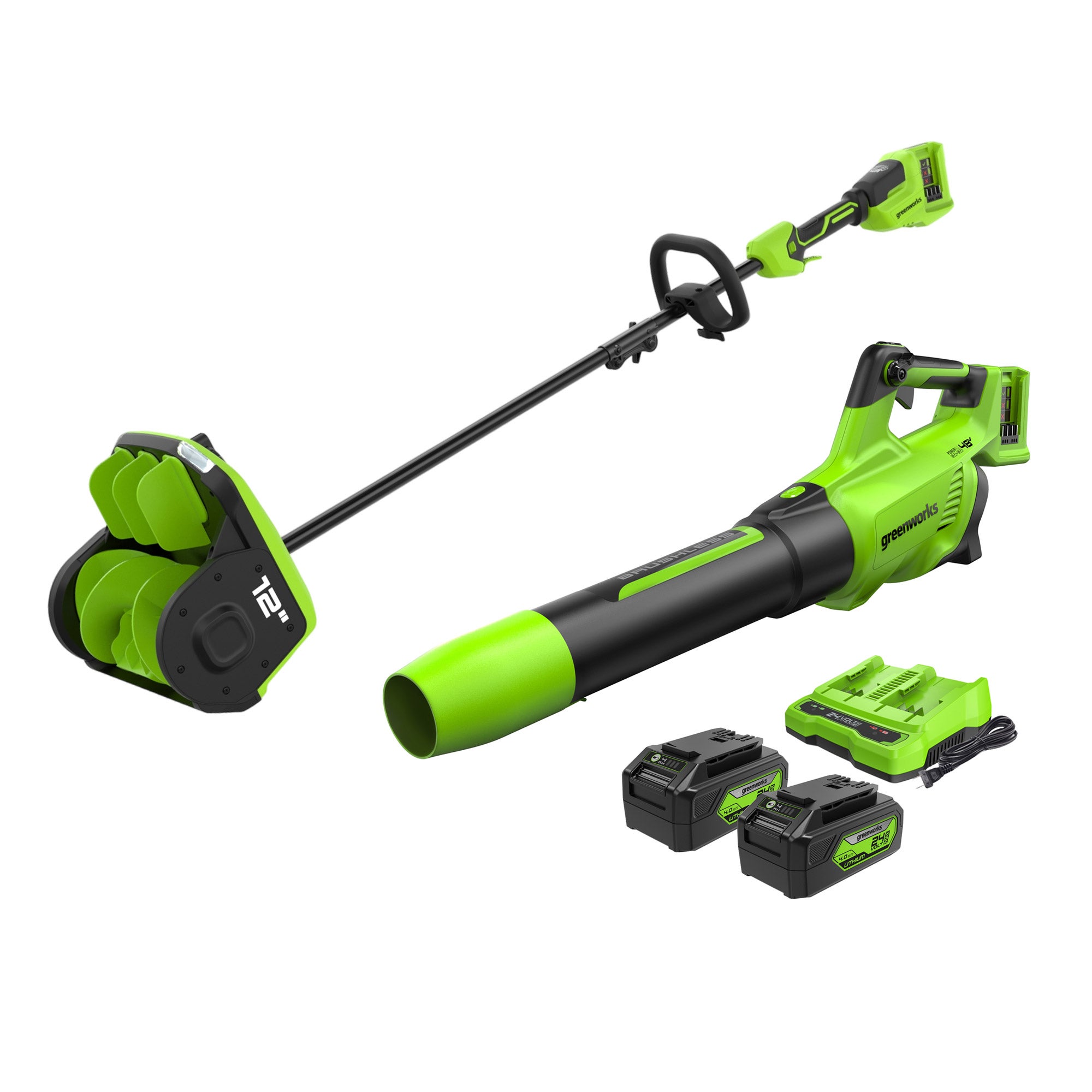 Greenworks 2X24V (48V) Brushless 12” Snow Shovel & 585CFM Axial