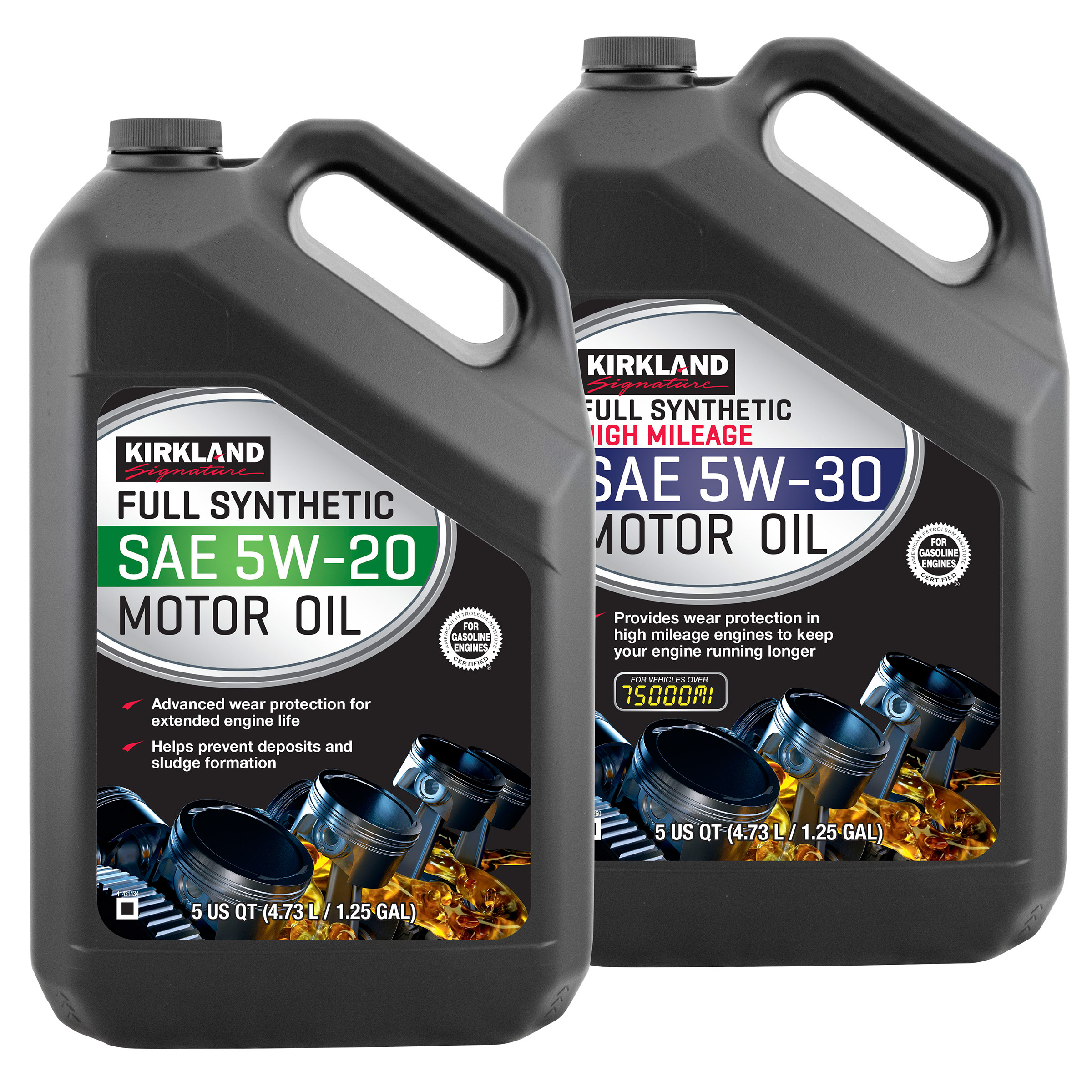 Kirkland Signature 5W-20 Full Synthetic and 5W-30 High Mileage Full Synthetic Motor Oil 5-Quart  4-Pack