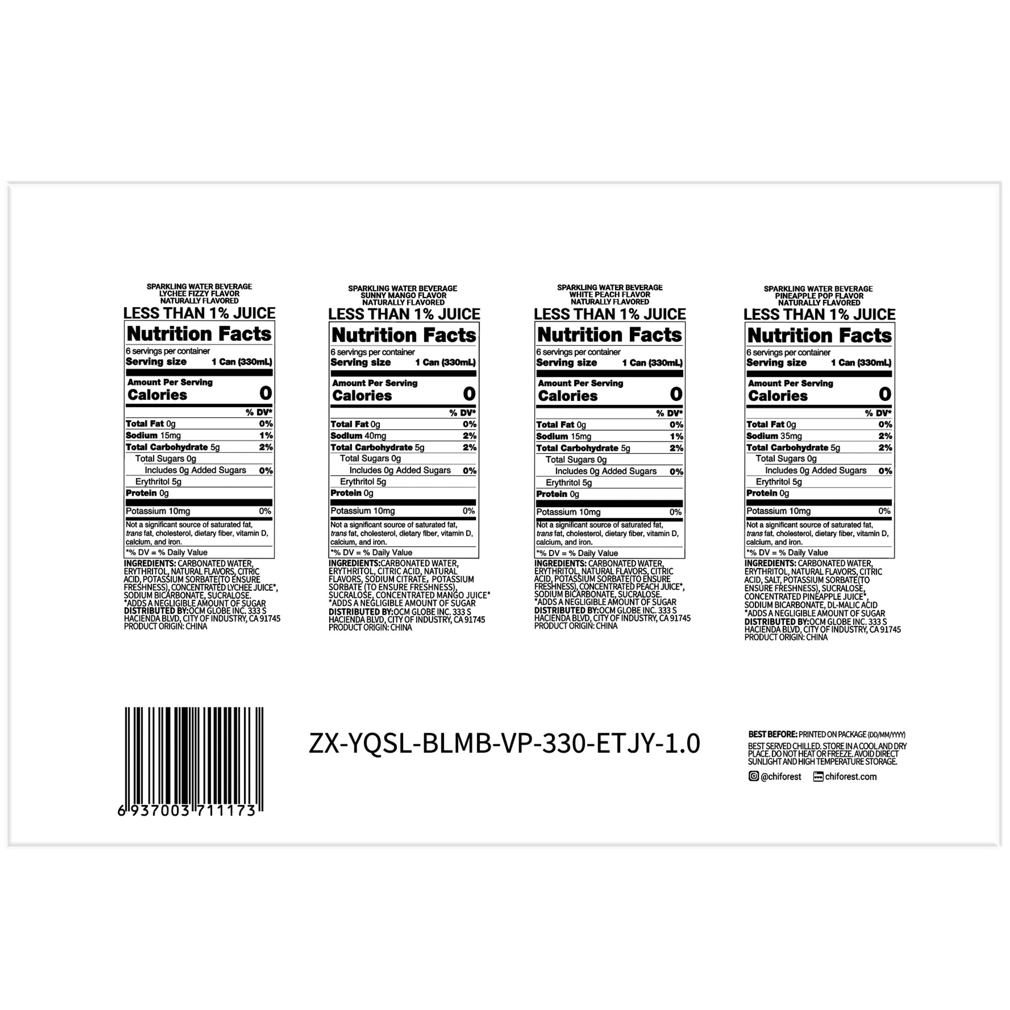 Chi Forest Flavored Sparkling Water, Variety Pack, 11.16 fl oz, 24