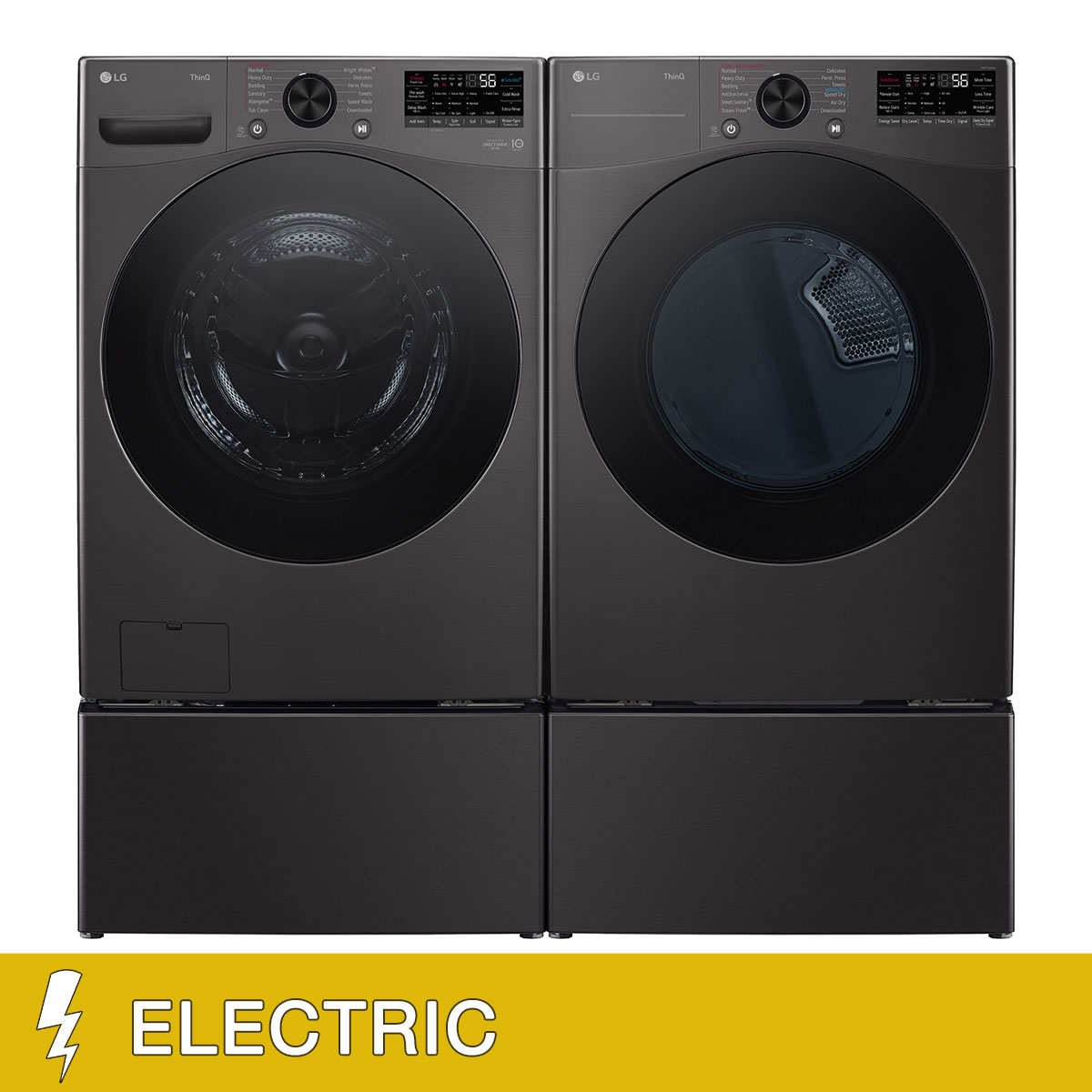 LG 4.5 cu. ft. Front Load Washer with TurboWash 360 and 7.4 cu. ft. ELECTRIC Dryer with TurboSteam and Built-In Intelligence with Storage Pedestals
