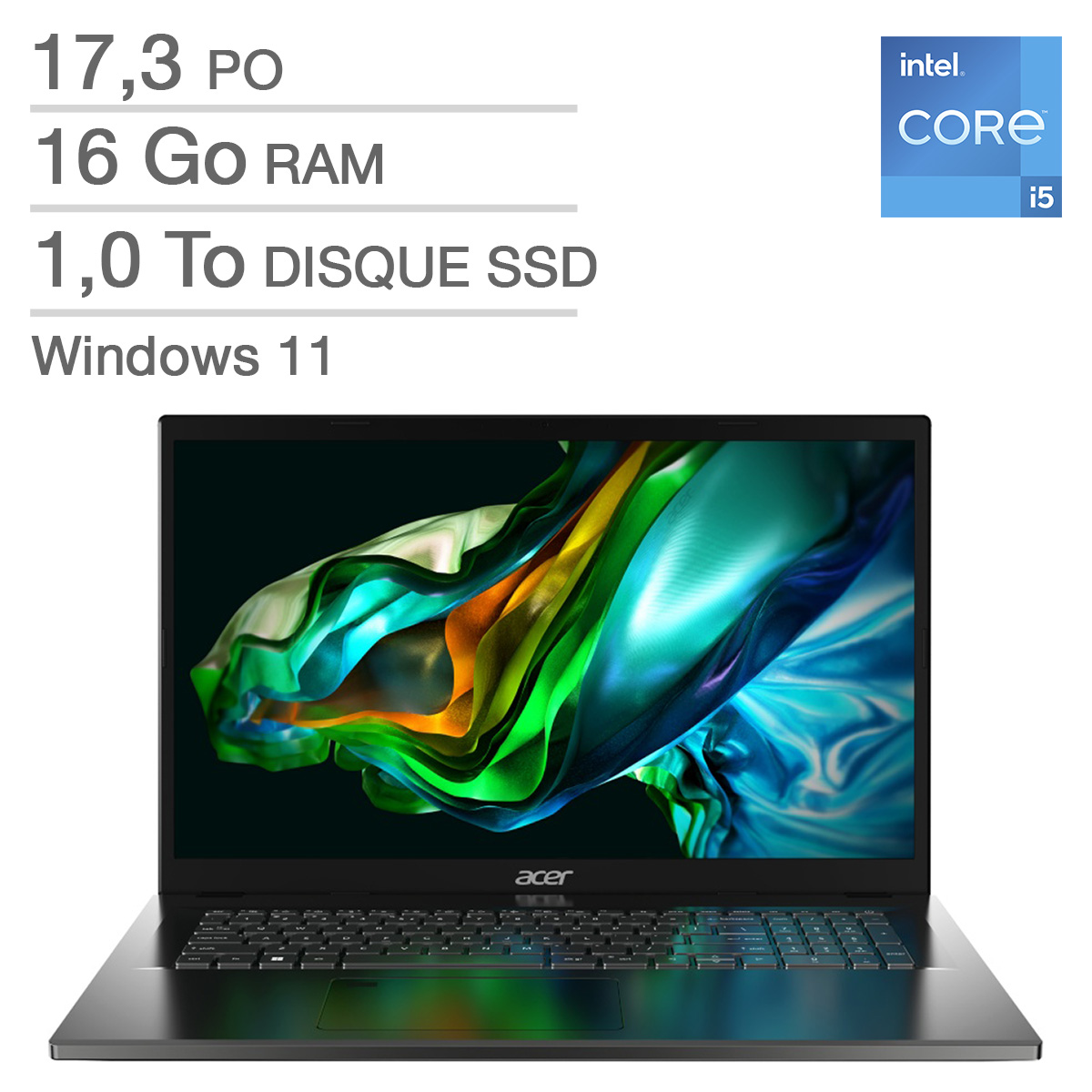 Acer Aspire 5 ordinateur portable 17,3 po, Intel Core i5-1335U – 16 Go de RAM, SSD 1 To