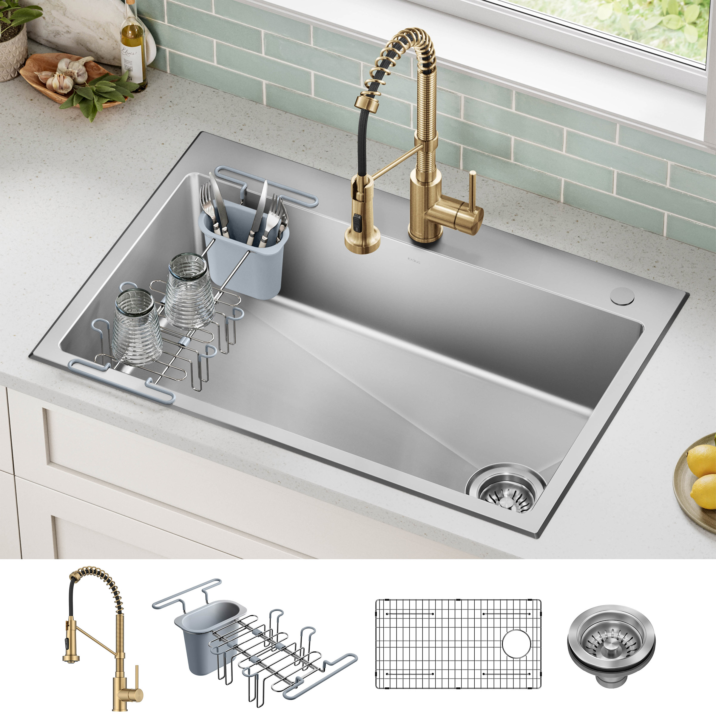 KRAUS 33" Top Mount Single Bowl Kitchen Sink with Commercial Pull Down Faucet