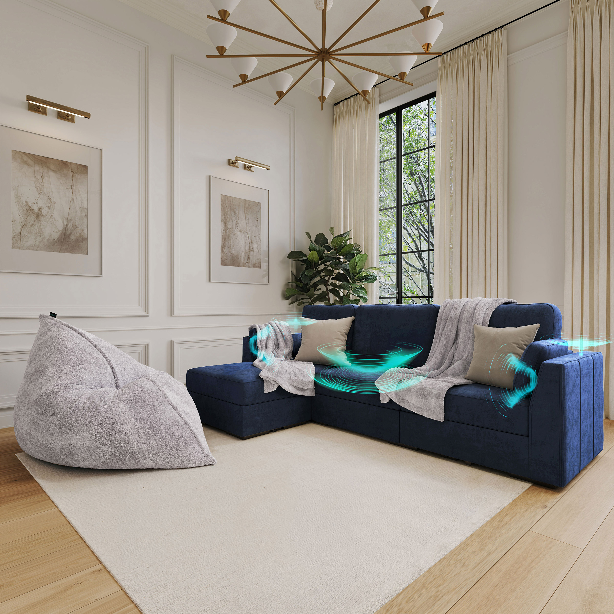 Lovesac Modular Sectional Sofa Bundle 4 Seats/5 Angled Sides with Storage and 6-Speaker Surround Sound System