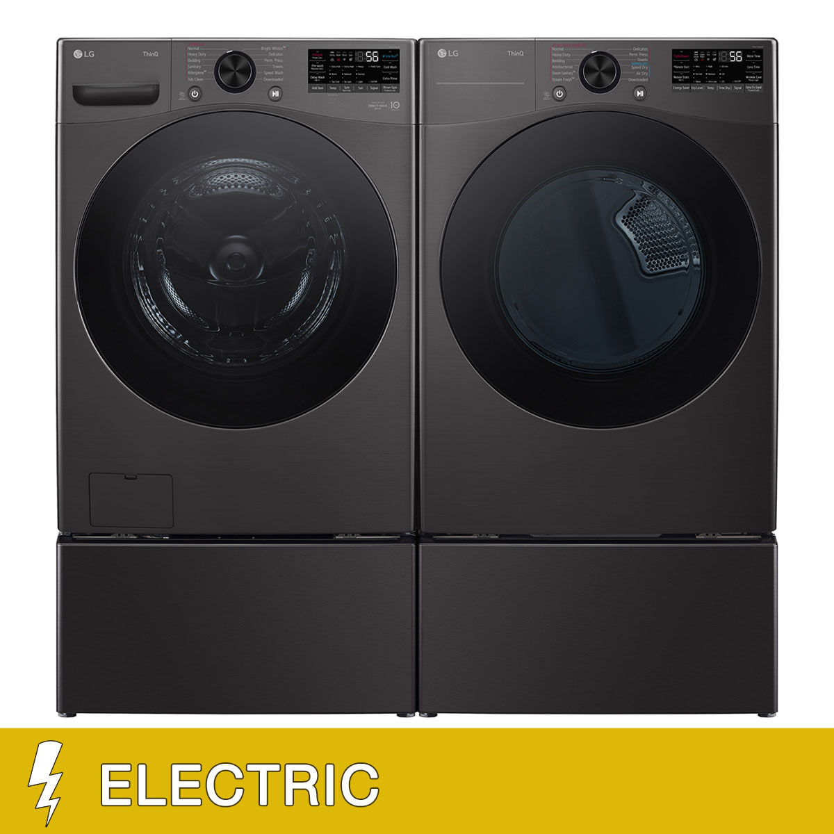 LG 4.5 cu. ft. Front Load Washer with TurboWash 360 and 7.4 cu. ft. ELECTRIC Dryer with TurboSteam and Built-In Intelligence with Washer and Storage Pedestal
