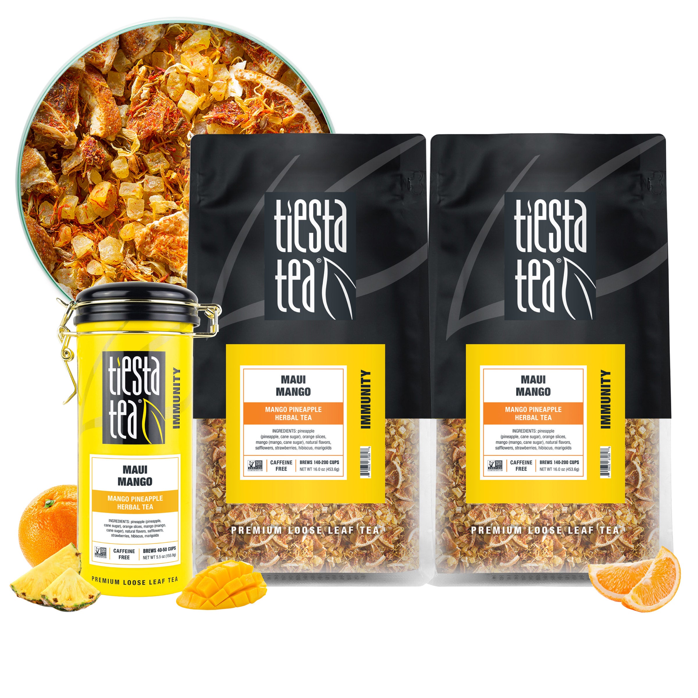 Tiesta Tea Maui Mango Herbal Loose Leaf Tea Bundle, Two 1 lb. Bags & 5.5 oz Tin