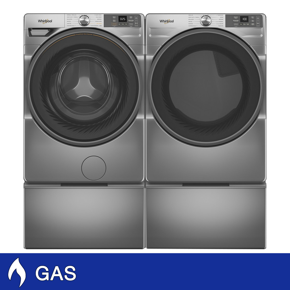 Whirlpool 4.5 cu. ft. Smart Front Load Washer and 7.4 cu. ft. GAS Dryer with Wrinkle Shield Option with Storage Pedestals