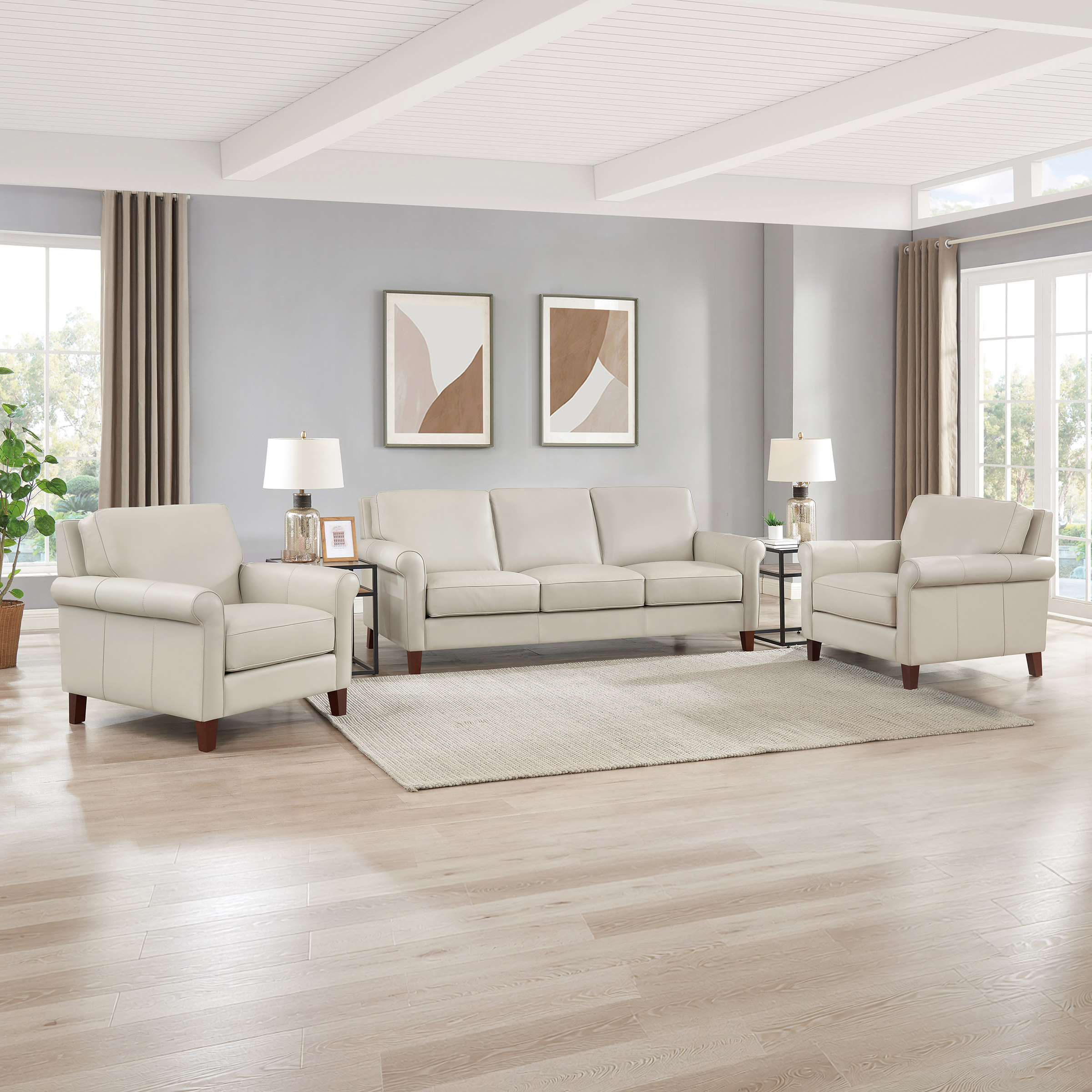 Prospera Home Larsen Top-grain Leather Sofa and 2 Chairs