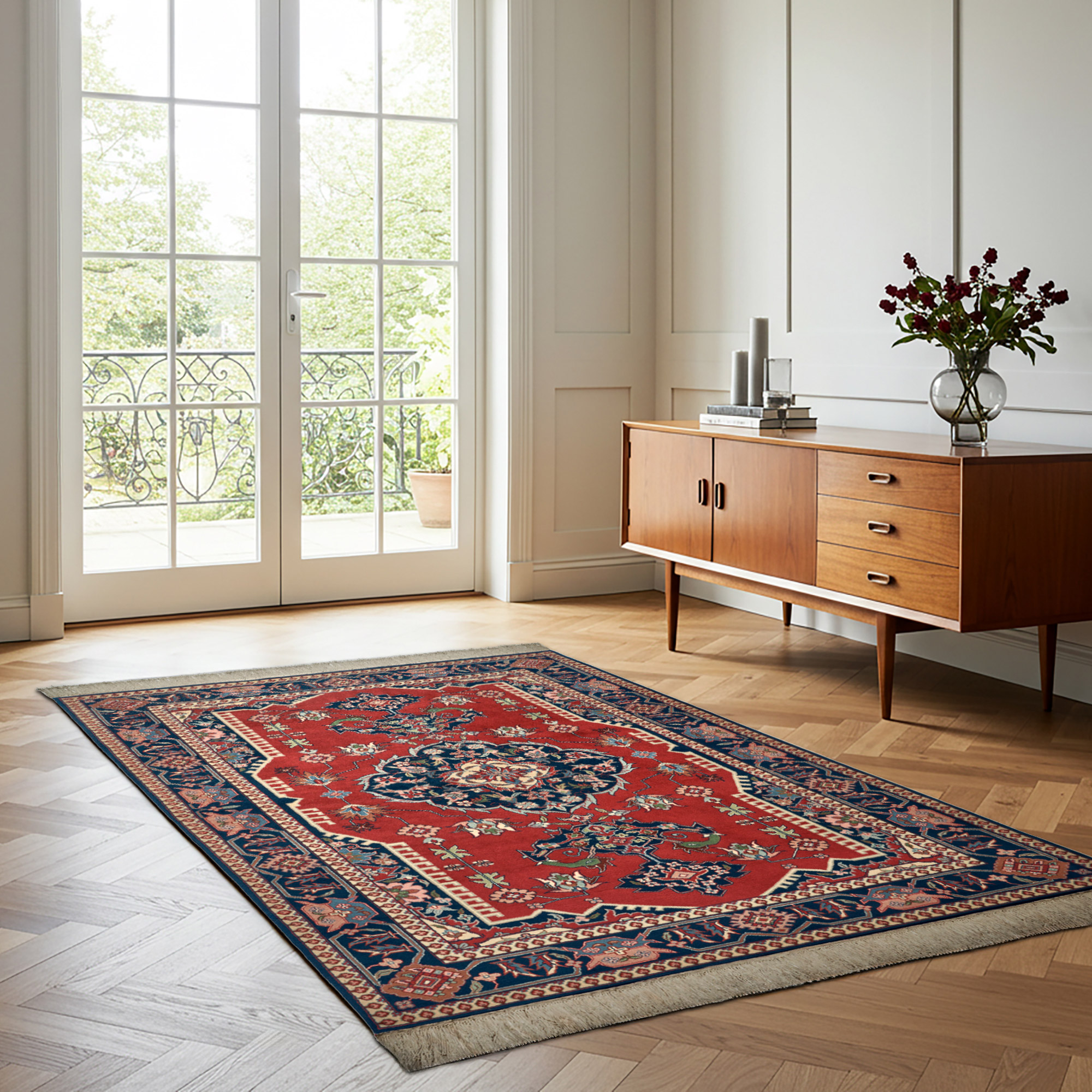 Montacute Hand Knotted Rug Collection  Churchill Medallion Red Navy