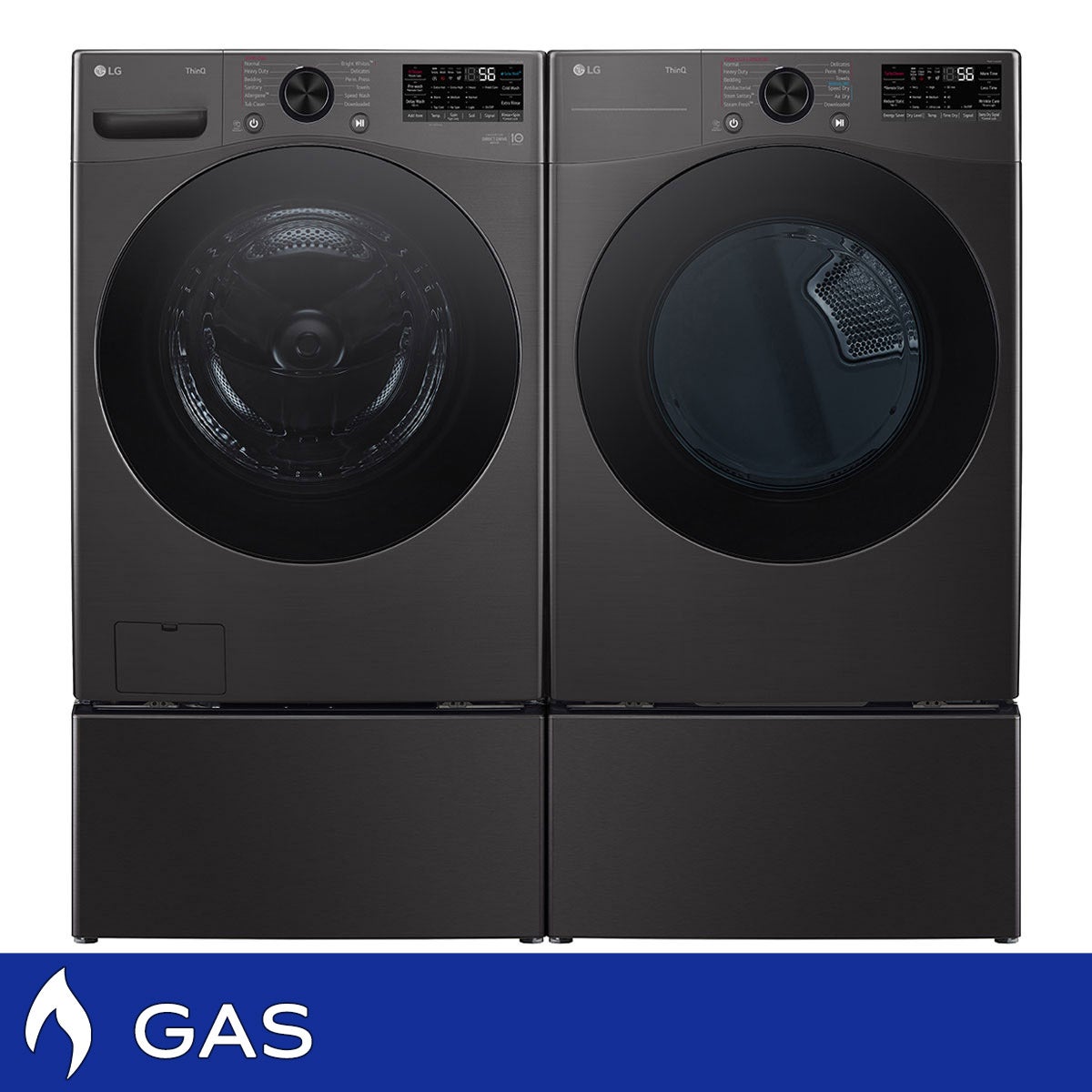LG 4.5 cu. ft. Front Load Washer with TurboWash 360 and 7.4 cu. ft. GAS Dryer with TurboSteam and Built-In Intelligence with Storage Pedestals