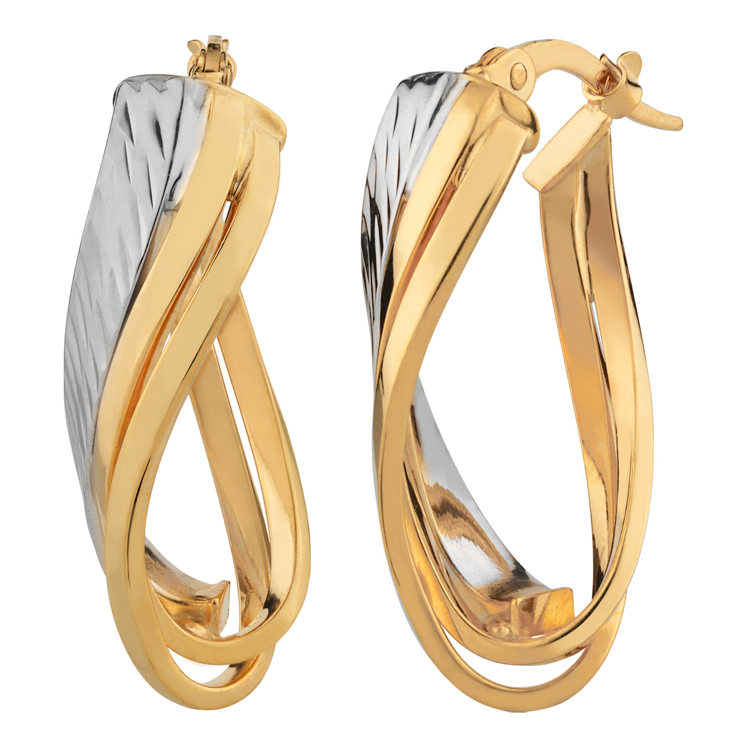 Diamond Cut Twisted Triple Hoop Earrings in Two-tone Gold