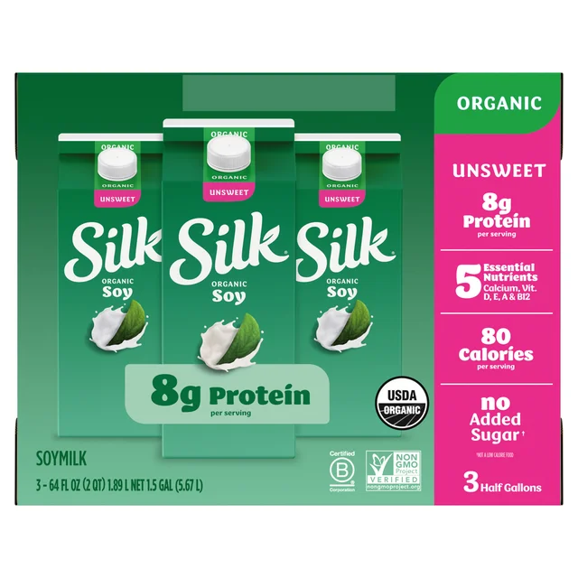 SILK ORGANIC UNSWEETENED SOY MILK 3 PACK 64 OUNCES EACH