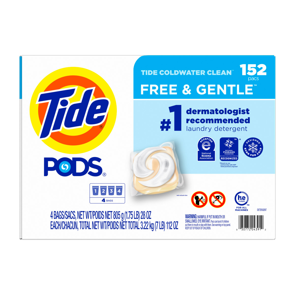 Tide PODS Liquid Laundry Detergent Pacs, Free & Gentle, 152-count