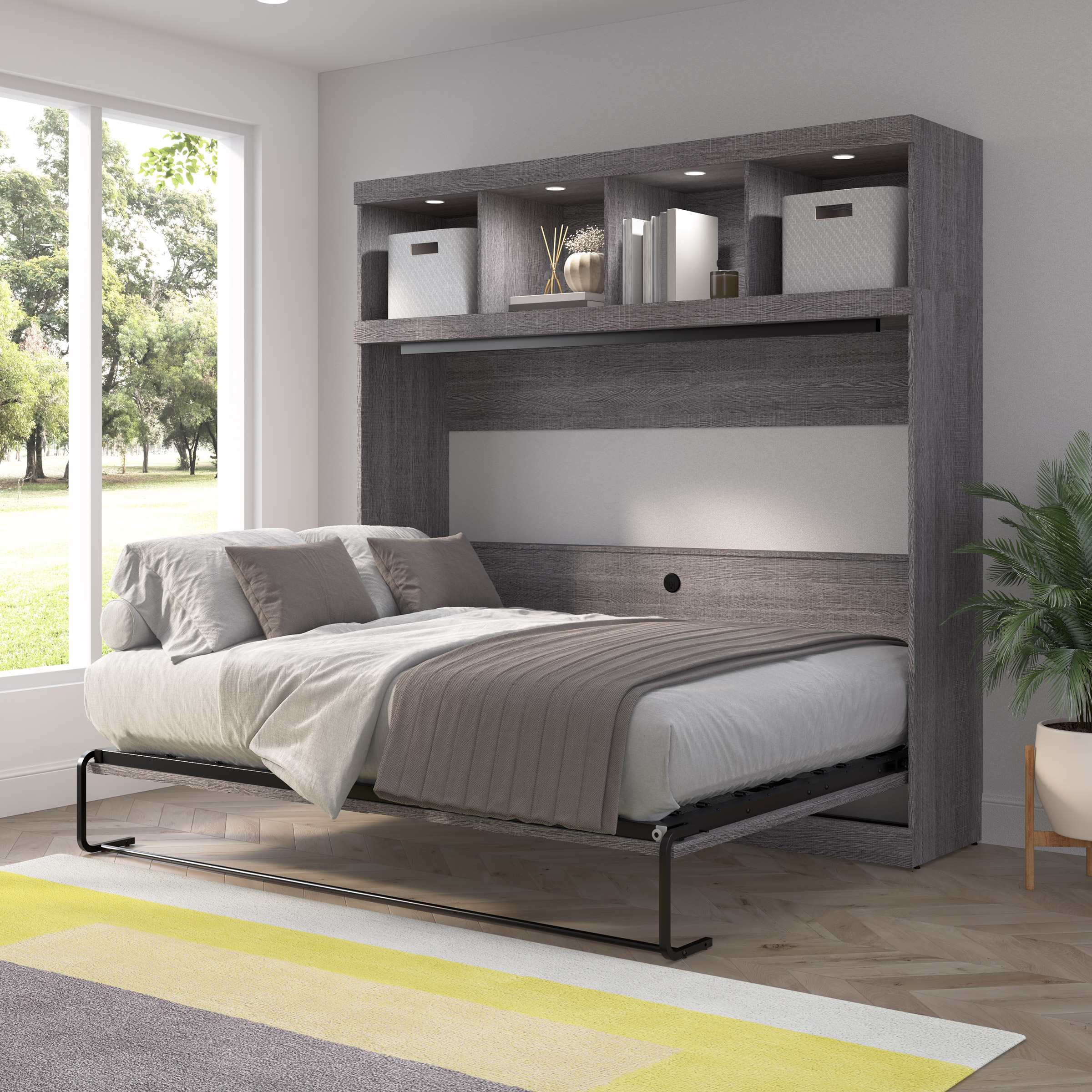 Bestar Oasis Premium Horizontal Queen Wall Bed with Overhead Storage