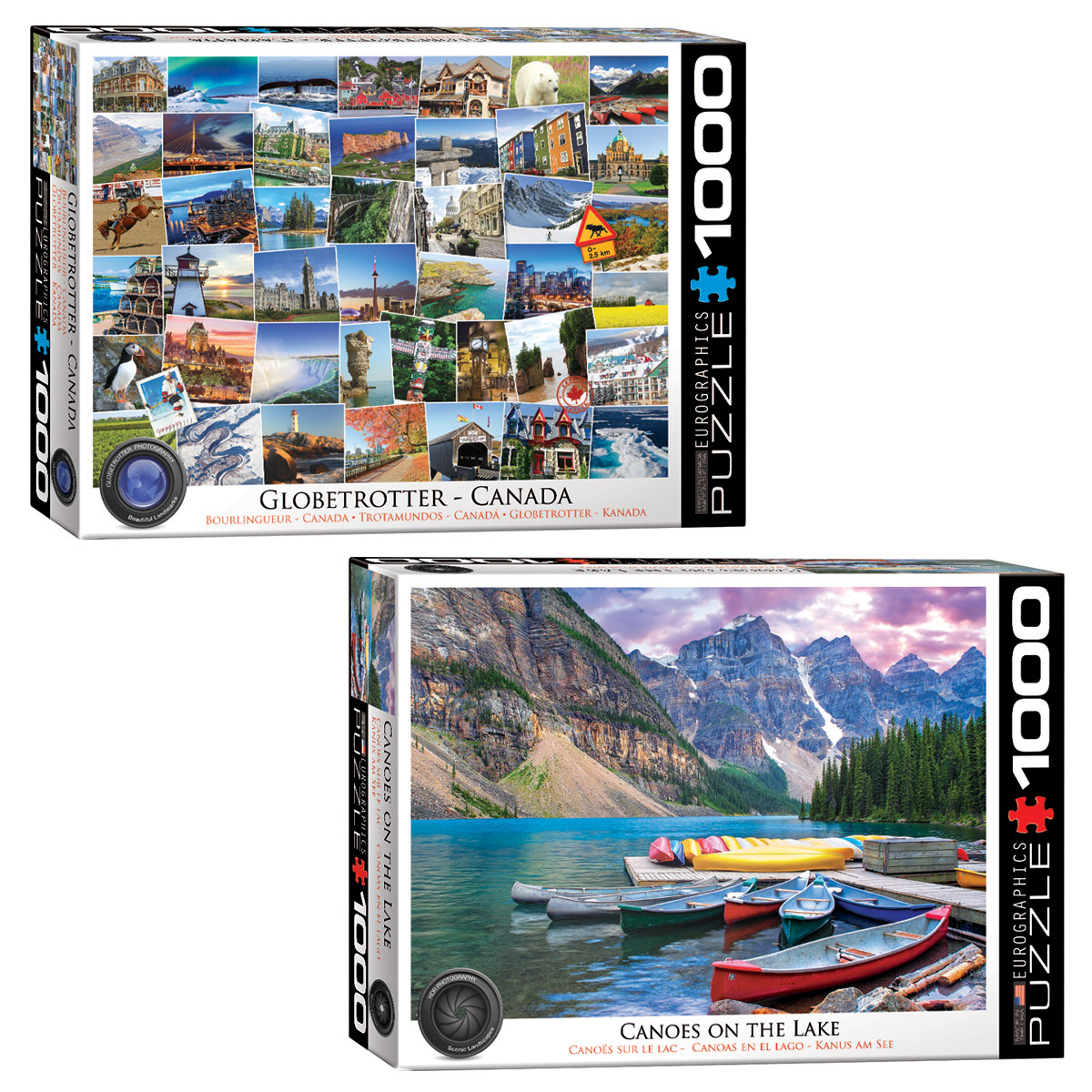 Eurographics 2 PK Puzzle Set HDR Photography Canoes on the Lake and Canada Globetrotter 1000 pc