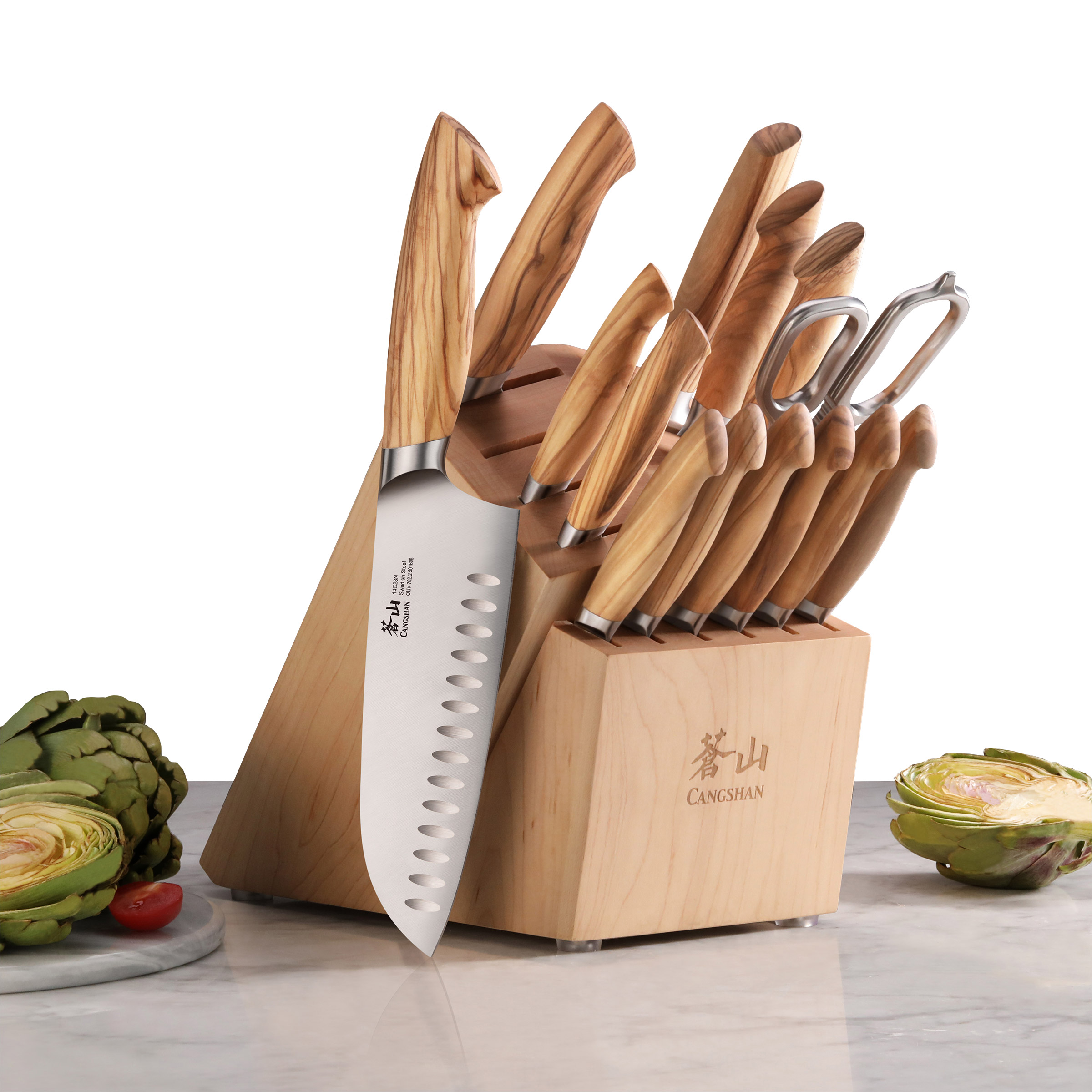 Cangshan OLIV Series Swedish Steel 15-Piece Knife Block Set  Maple Block