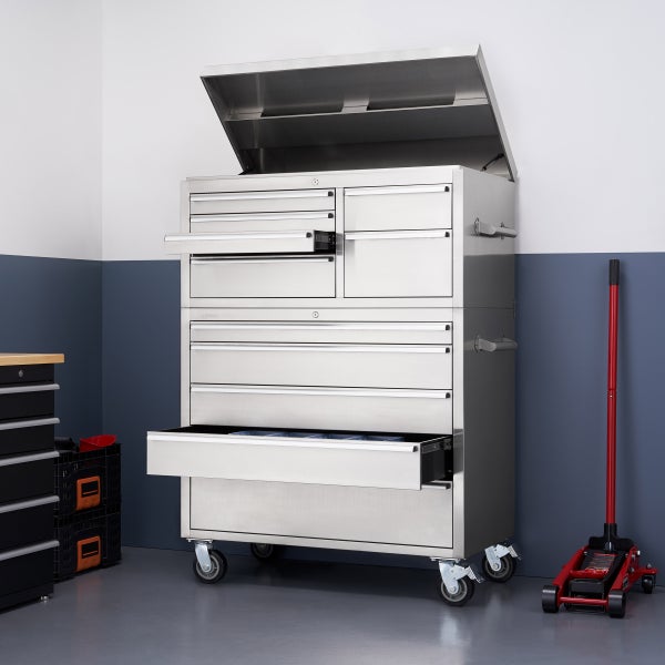 43 in. 11-Drawer Stainless Steel Rolling Tool Chest Combo 43 in. 11-Drawer Stainless Steel Rolling Tool Chest Combo