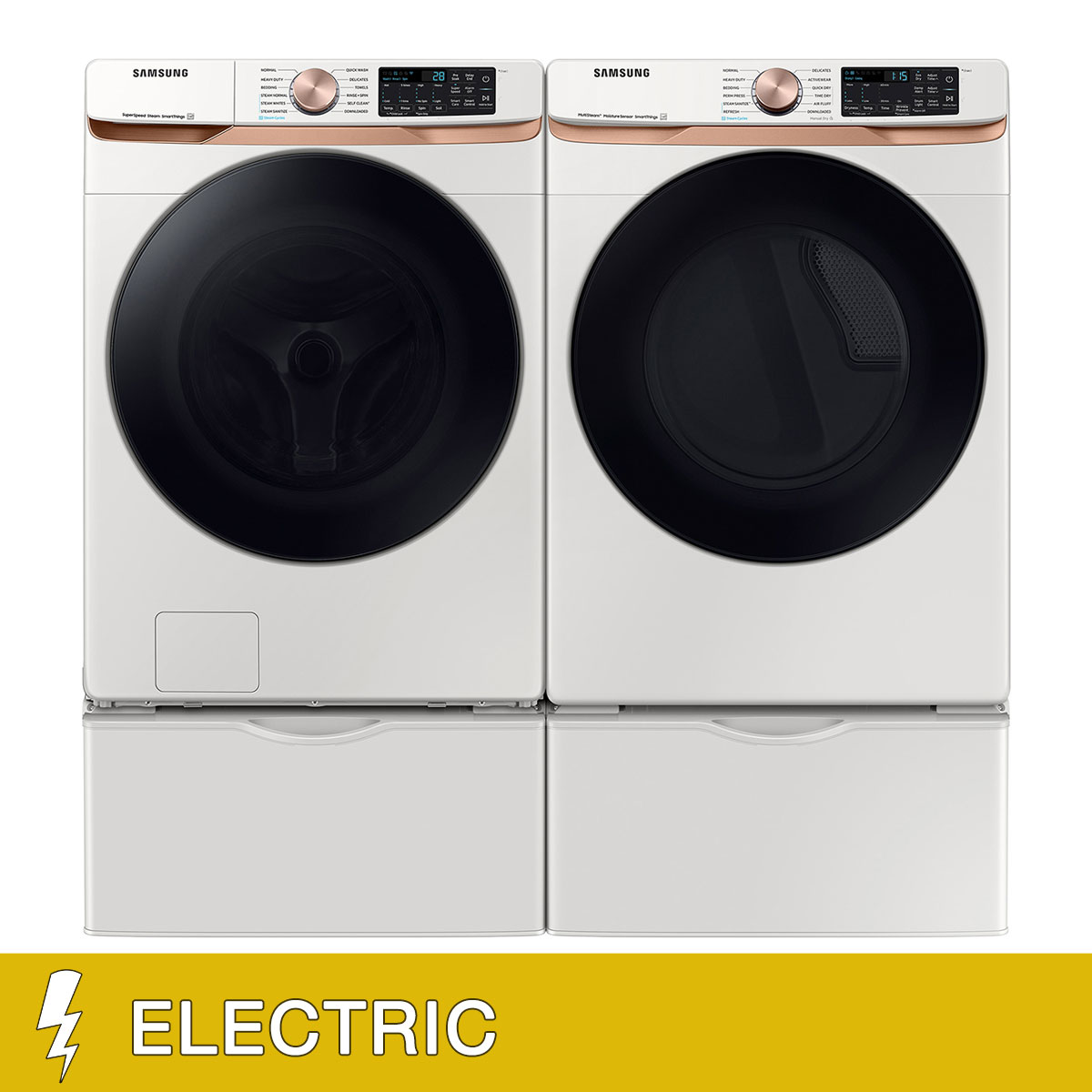 Samsung 5.0 cu. ft. Extra Large Capacity Smart Front Load Washer with Super Speed Wash and 7.5 cu. ft. Smart ELECTRIC Dryer with Storage Pedestals