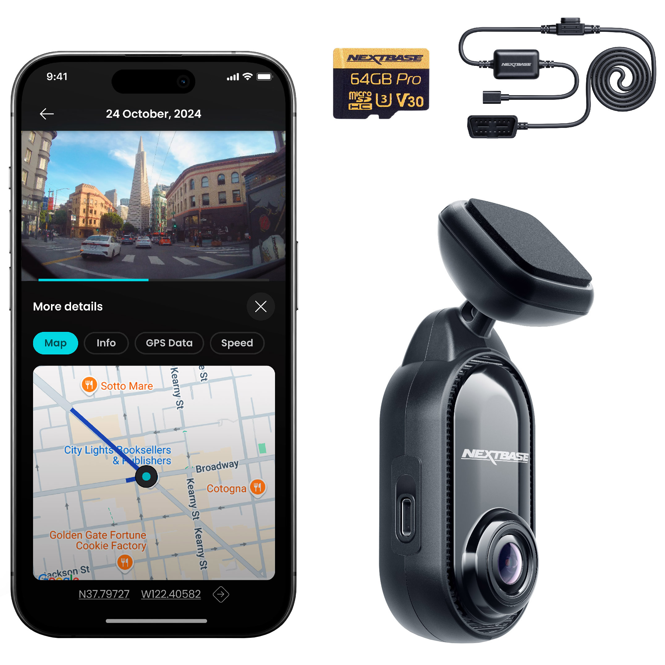 Nextbase Piqo 2K Dashcam with 64GB MicroSD Card and Piqo Quick Connect Cable