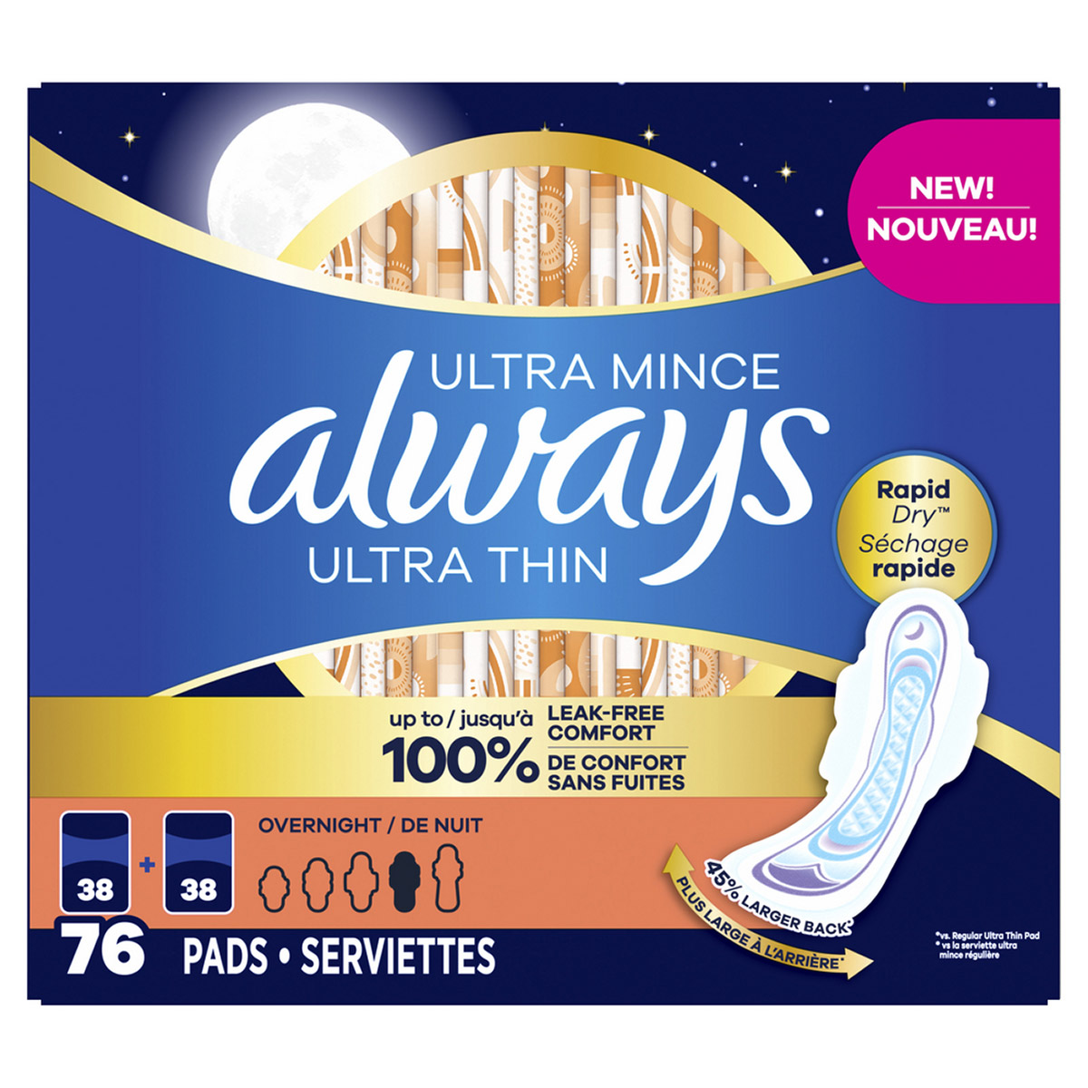 Always Ultra Thin Overnight Pads, Unscented with Wings, 76 Count