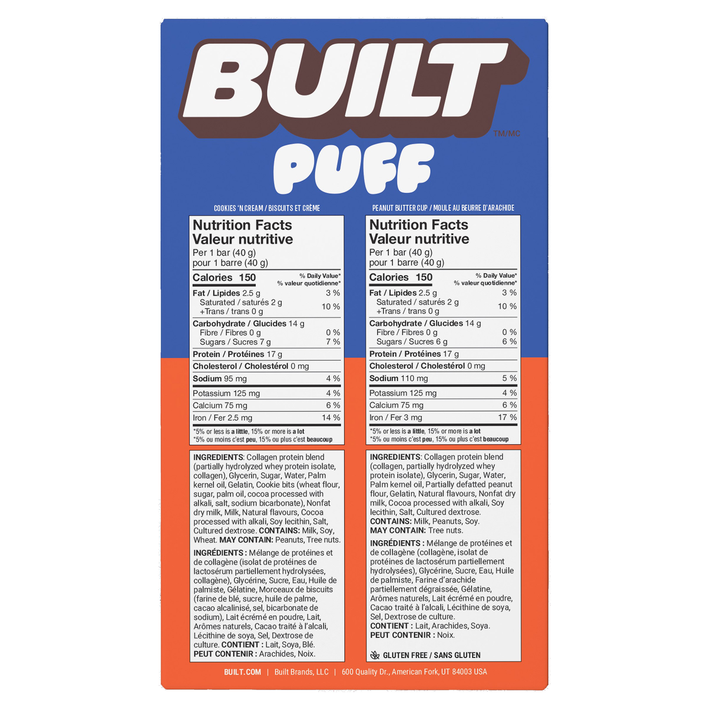 Built Puff Cookies n' Cream & Peanut Butter Cup Protein Bars, 14 × 40 g ...