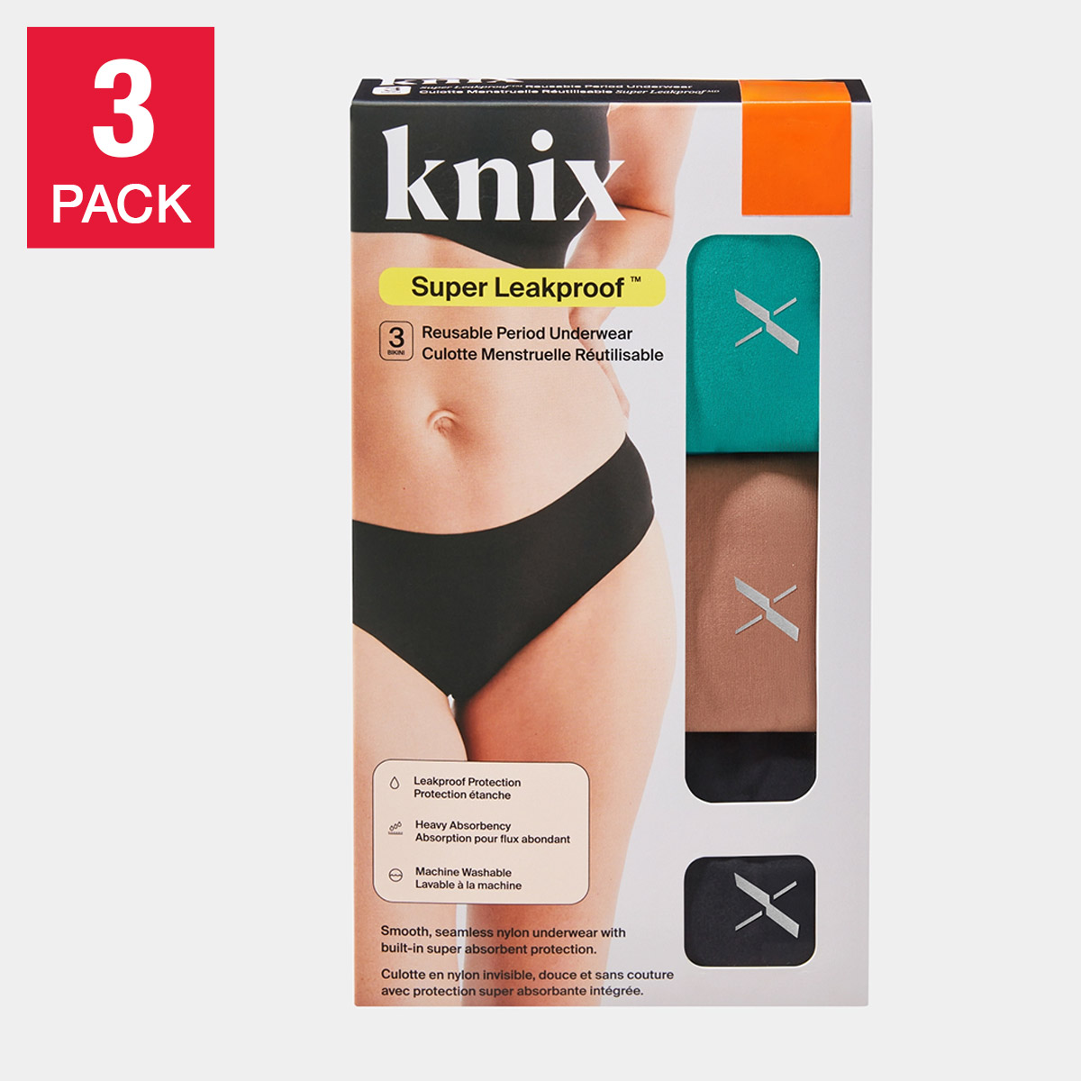 Knix Women's Super Leakproof Reusable Period Bikini Underwear, 3-pack