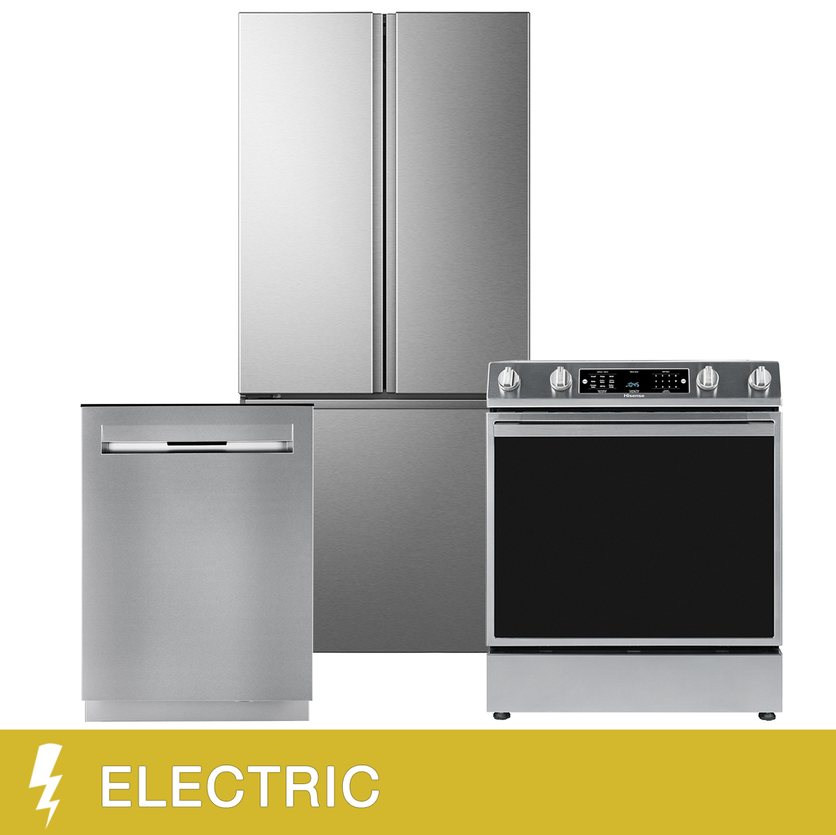 Hisense 3-piece Stainless Steel Kitchen Suite with 30 in. 21 cu. ft. French Door Refrigerator and 30 in. 5.8 cu ft. Electric Slide-In Range and 24 in. Dishwasher