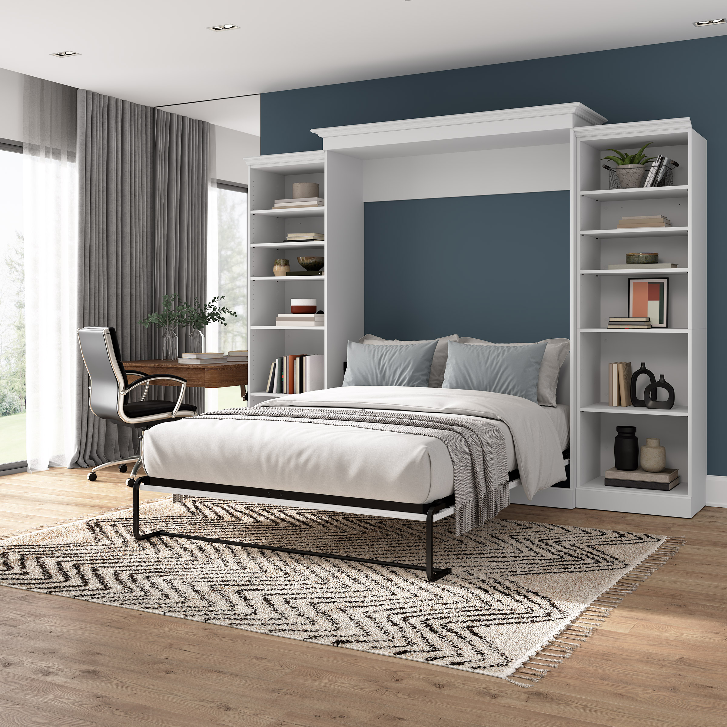 Bestar Audrea Queen Wall Bed in White with two 25" Storage Units