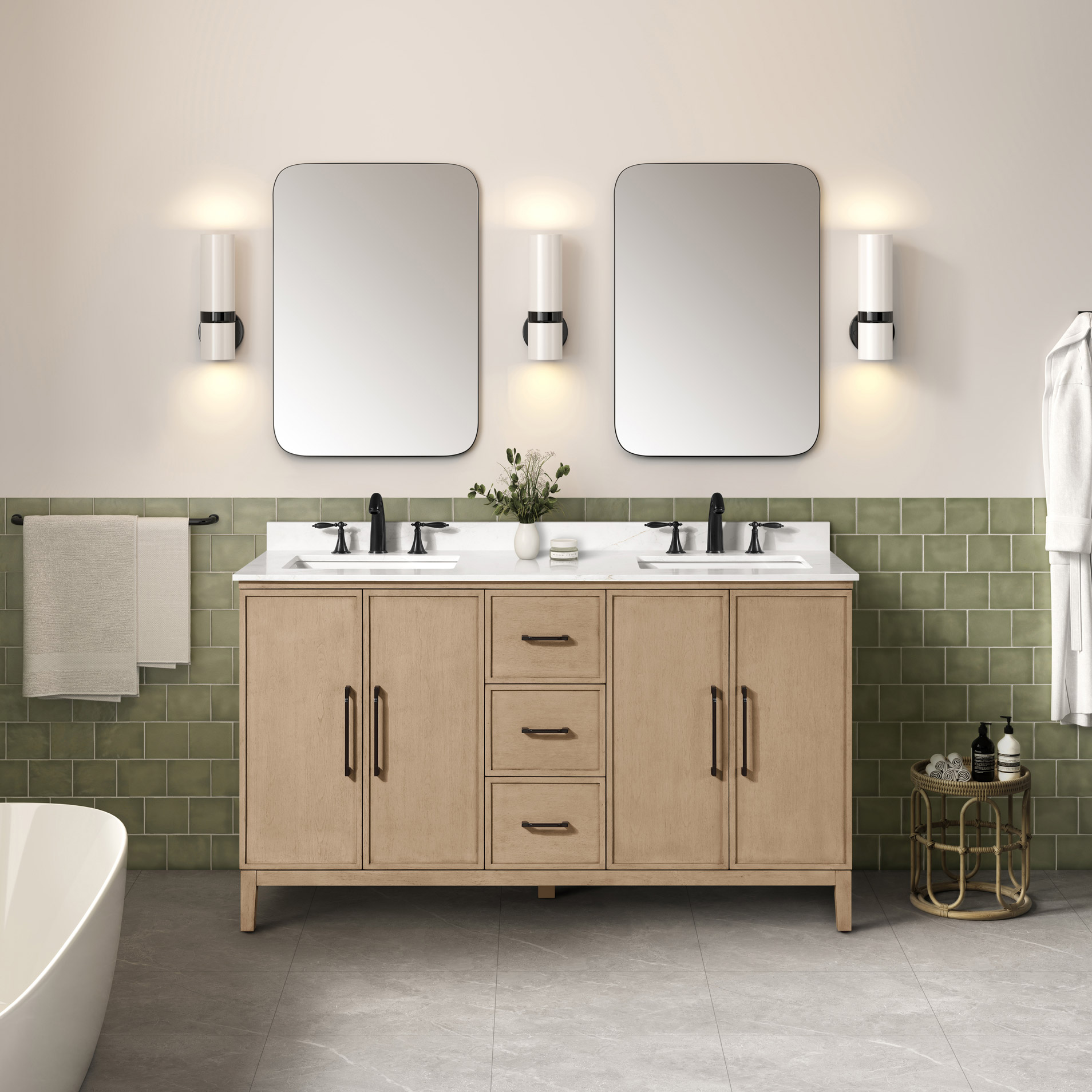 OVE Decors Codey Vanity in Sahara Birch Finish with Calacatta Quartz Countertop