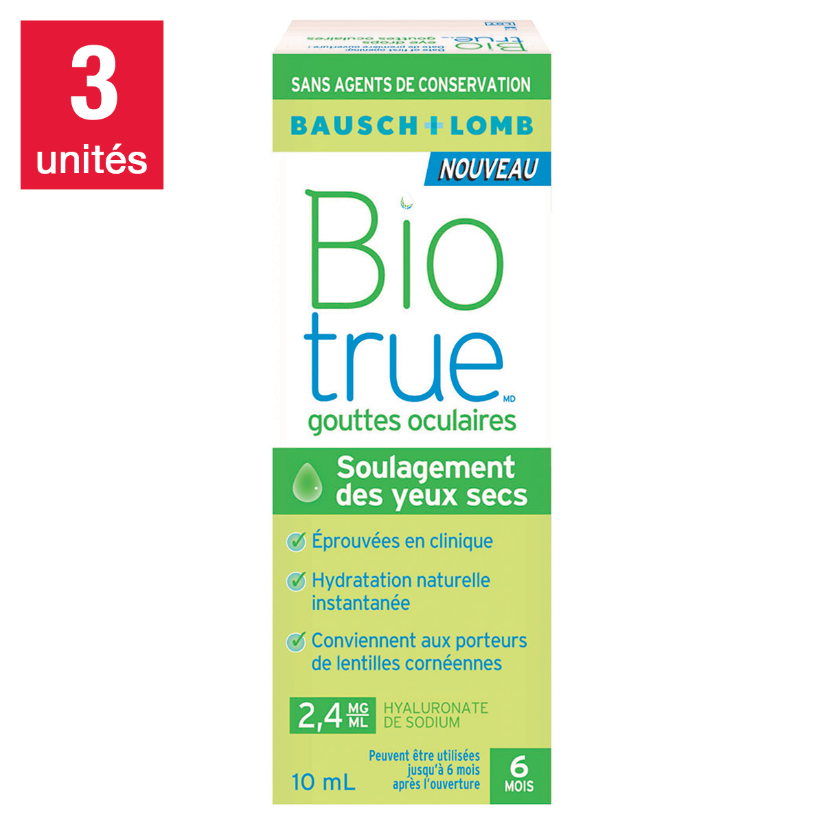 Biotrue - Gouttes oculaires doses multiples sans agents de conservation, 3 x 10 mL