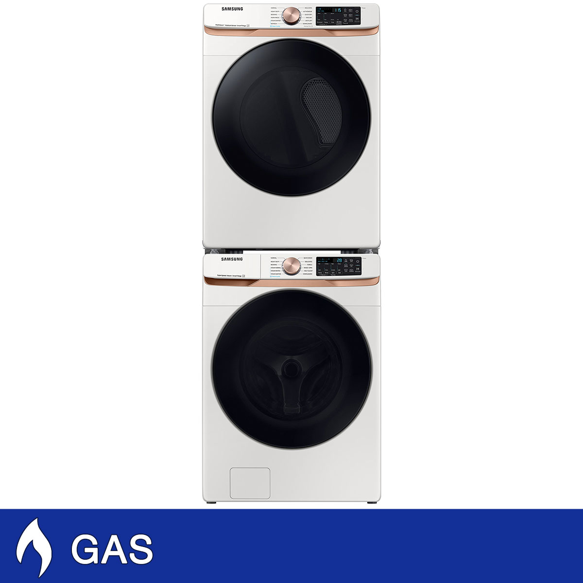 Samsung 5.0 cu. ft. Extra Large Capacity Smart Front Load Washer with Super Speed Wash and 7.5 cu. ft. Smart GAS Dryer with Stacking Kit