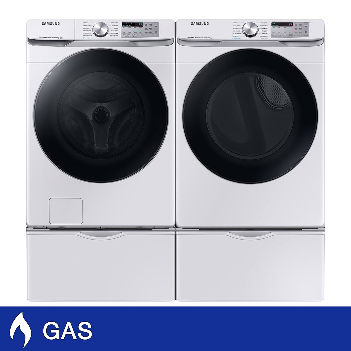 Samsung 4.5 cu. ft. Large Capacity Smart Front Load Washer with Super Speed Wash and 7.5 cu. ft. Smart GAS Dryer with Storage Pedestals