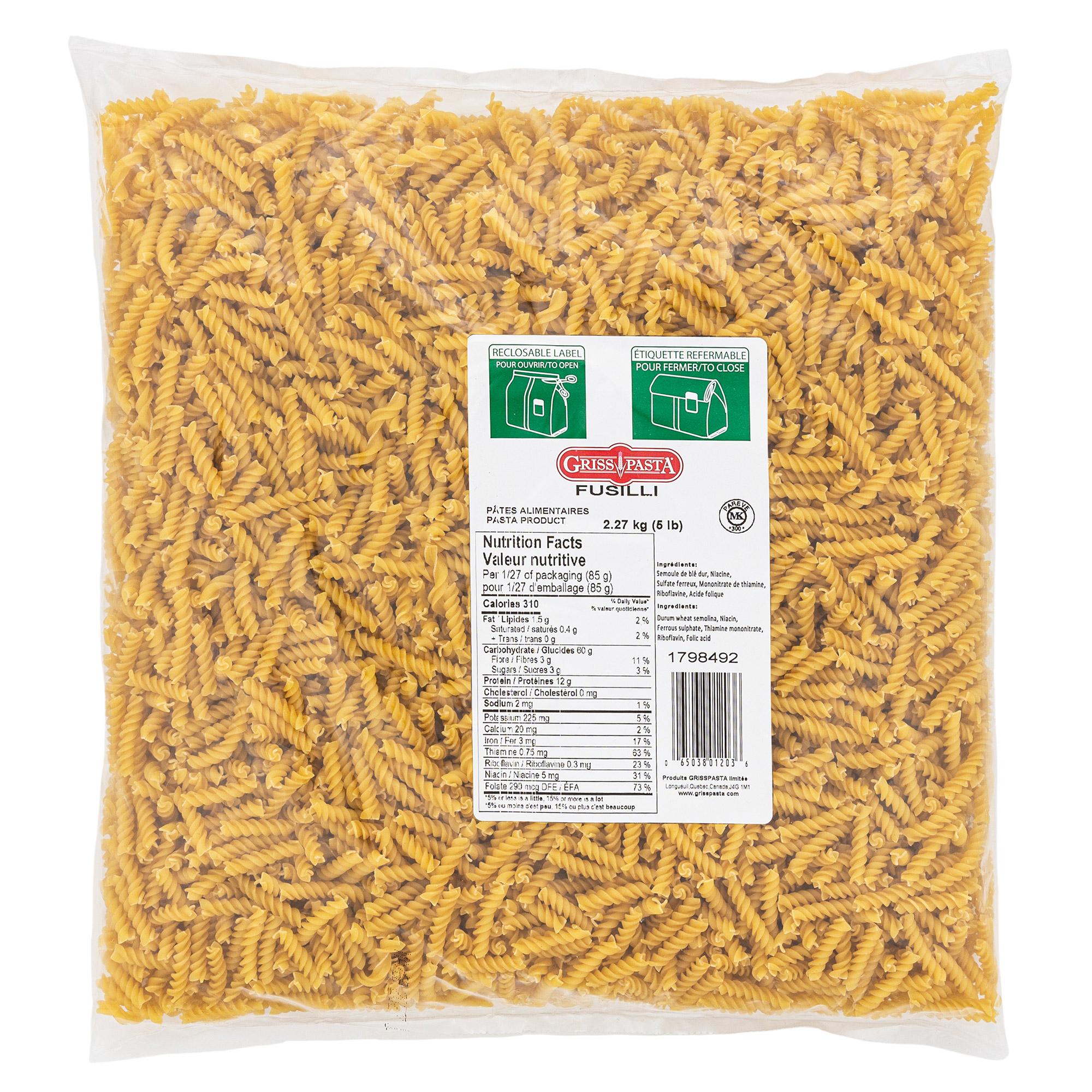 Griss Pasta Giardino Fusilli, 2.27 kg