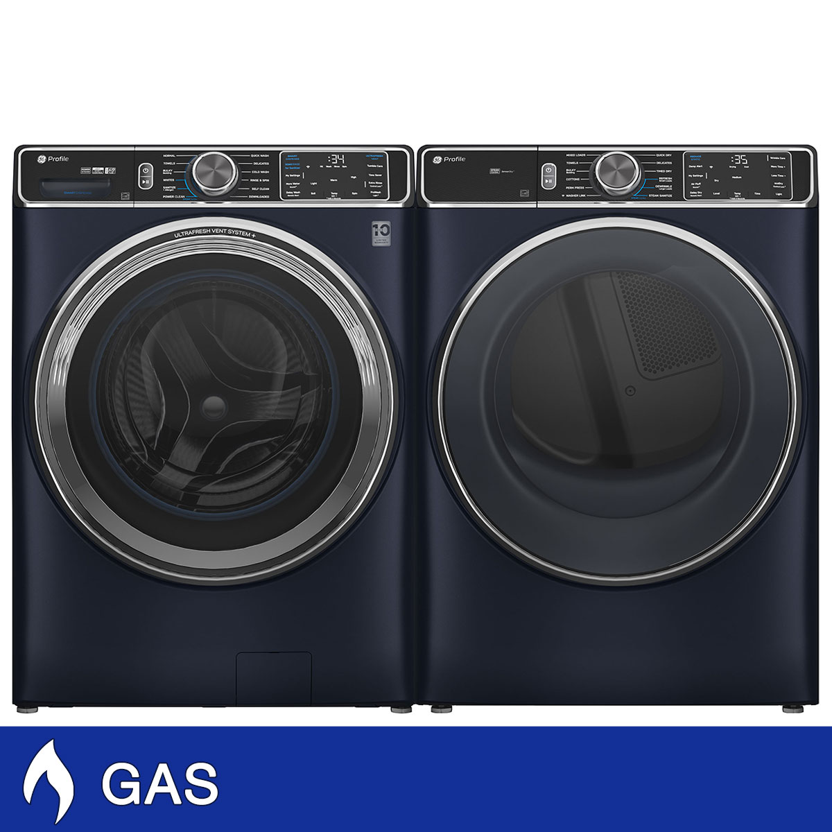 GE Profile 5.3 cu. ft. Front Load Washer with UltraFresh Vent System+ and 7.8 cu. ft. Front Load GAS Dryer with Steam and Sanitize Cycle