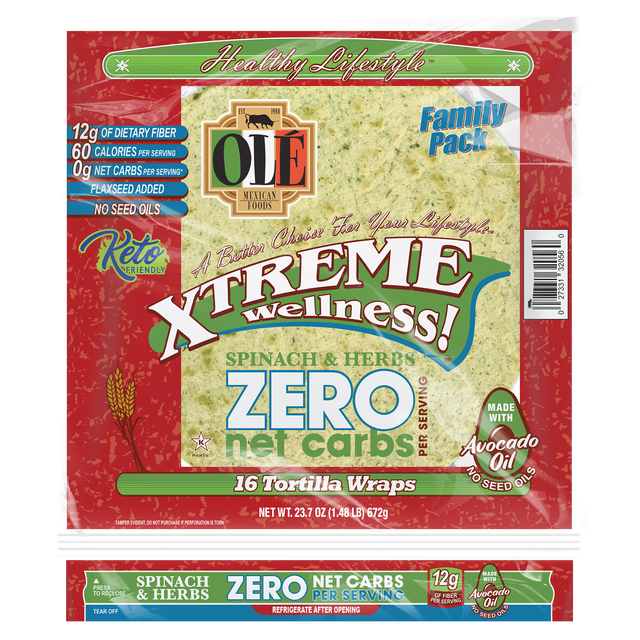 OLE XTREME WELLNESS 8"SPINACH WRAP ZERO NET CARBS 16CT
