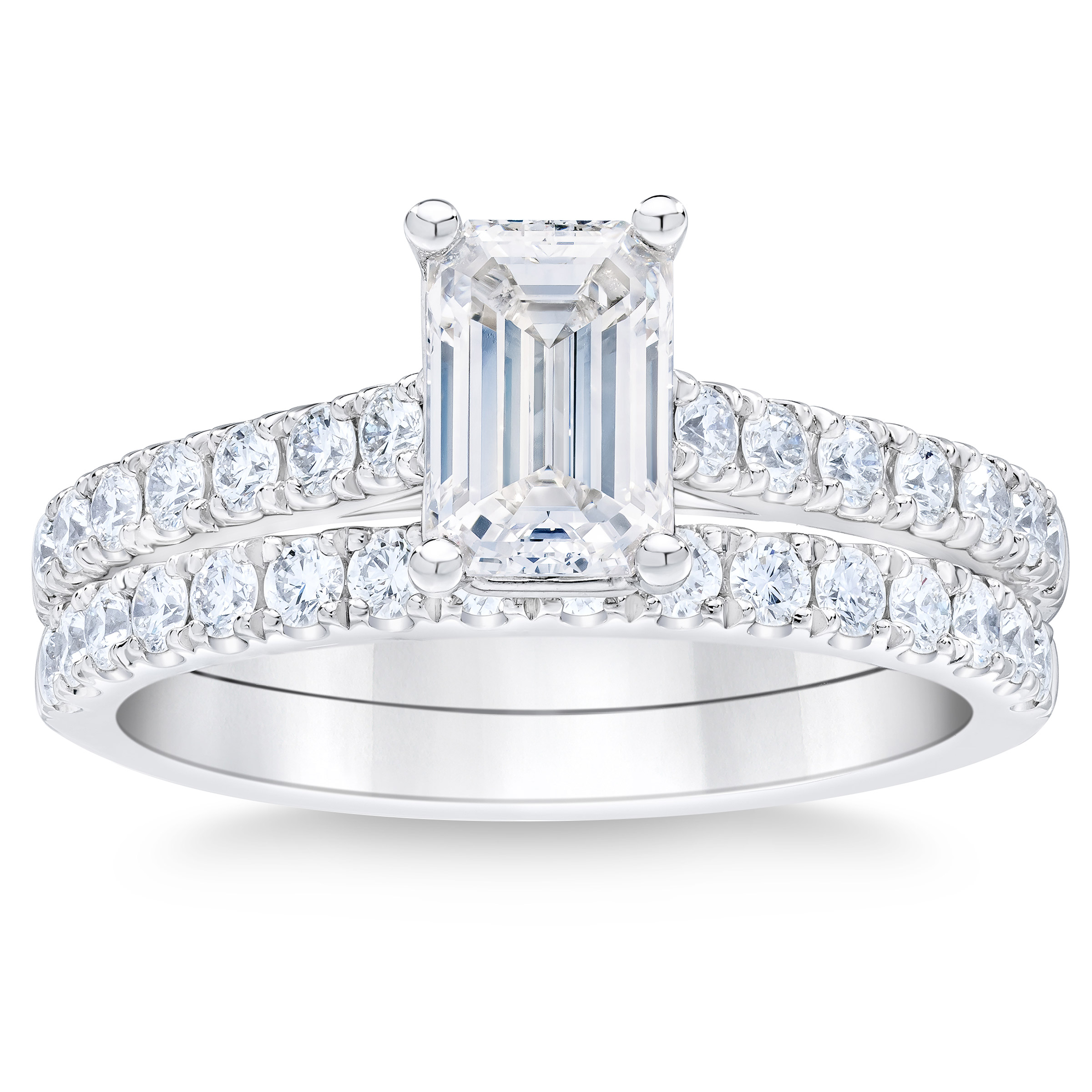 1.85 ctw Emerald Cut and Round Brilliant, Clarity VVS1, Colour H, Diamond Wedding Set