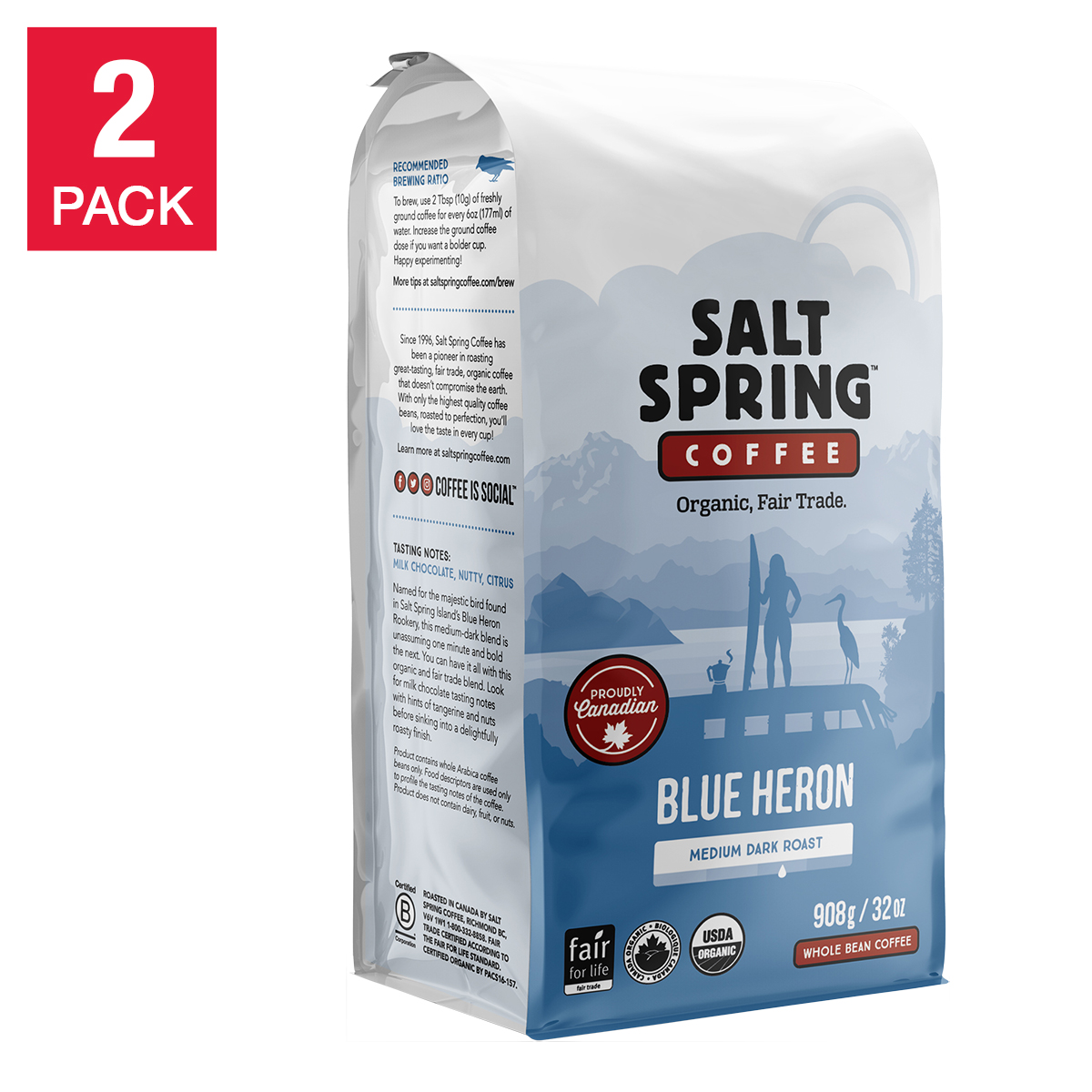Salt Spring Blue Heron Medium Dark Roast Coffee, 2 × 908 g 