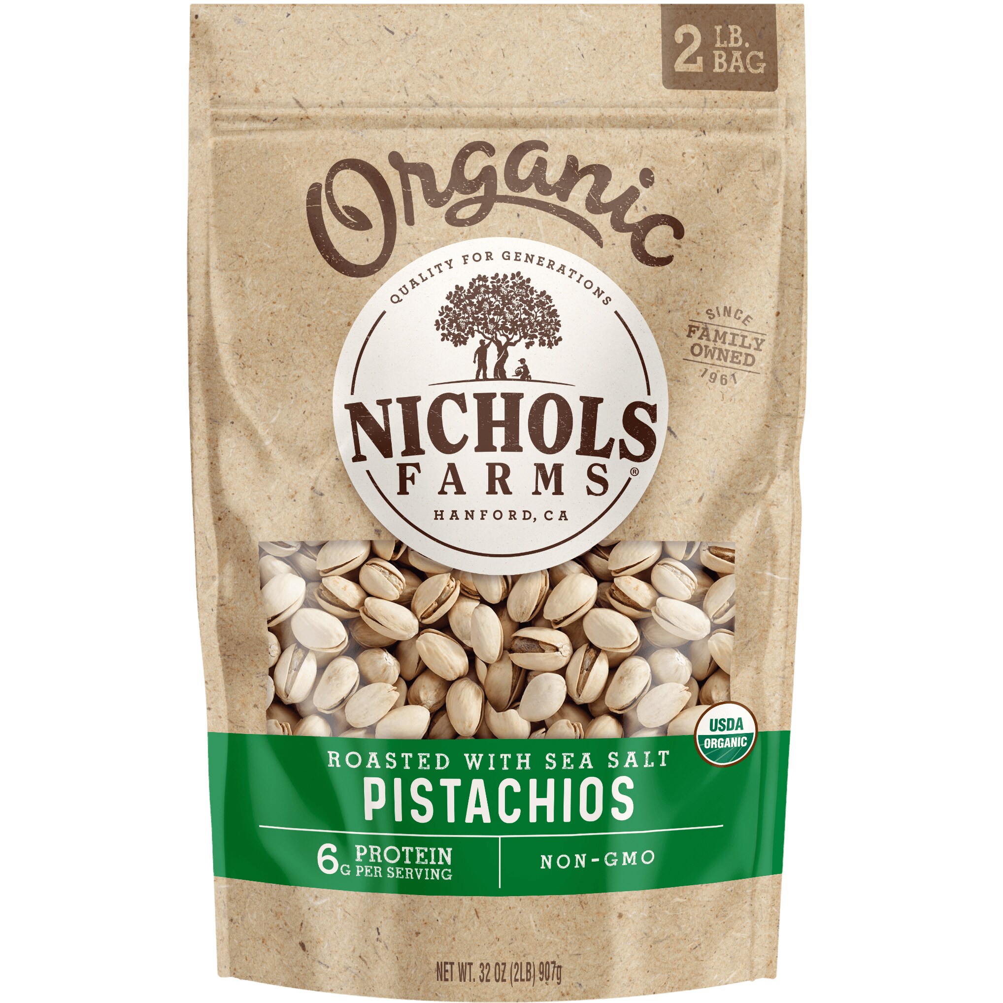 Nichols Farms Organic Pistachios, In-Shell, Roasted with Sea Salt, 32 oz