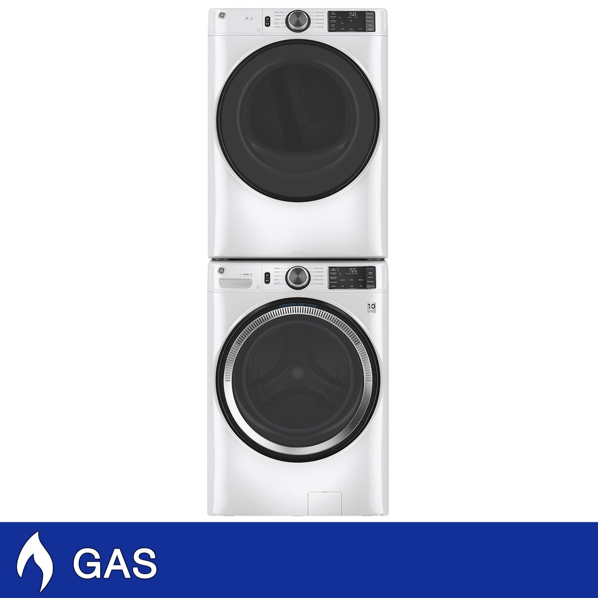 GE 4.8 cu. ft. Washer with Microban and 7.8 cu. ft. GAS Laundry Package with Stacking Kit