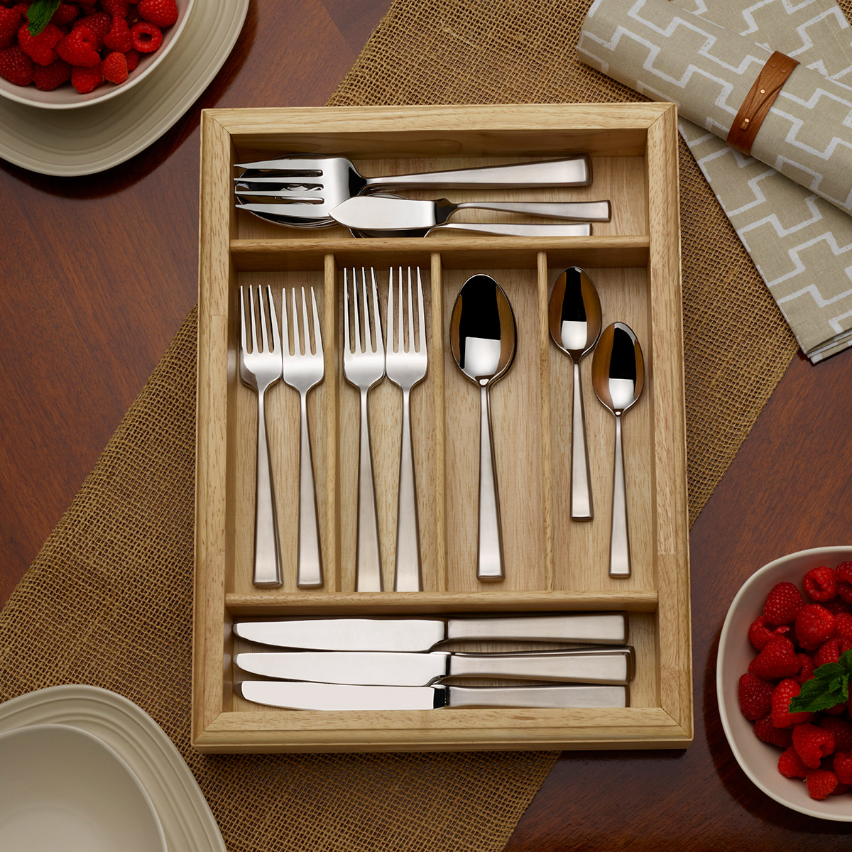 Mikasa Essex Satin 65-Piece Stainless Steel Flatware Set with Wood Caddy