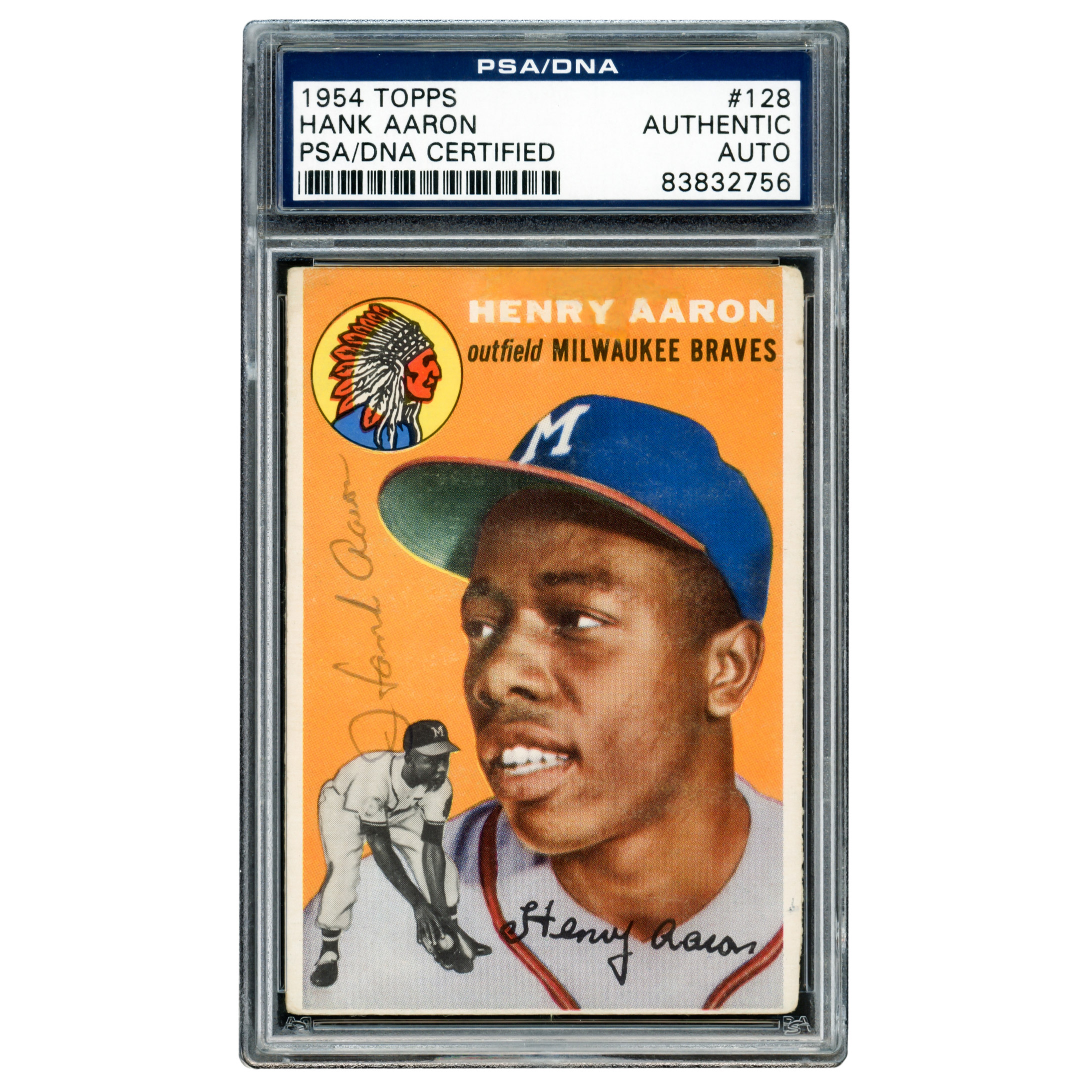 Hank Aaron Autographed 1954 Topps Card #128 Vintage 1950's Rookie Era Signature Milwaukee Braves - PSA/DNA Authenticated