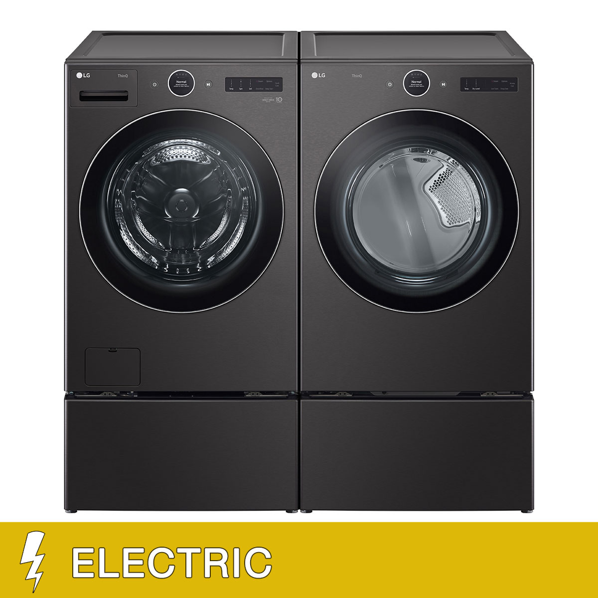 LG 5.0 cu. ft. Mega Capacity Smart Front Load Washer with AI DD 2.0 and 7.4 cu. ft. ELECTRIC Ultra Large Capacity Dryer with TurboSteam with Washer and Storage Pedestal