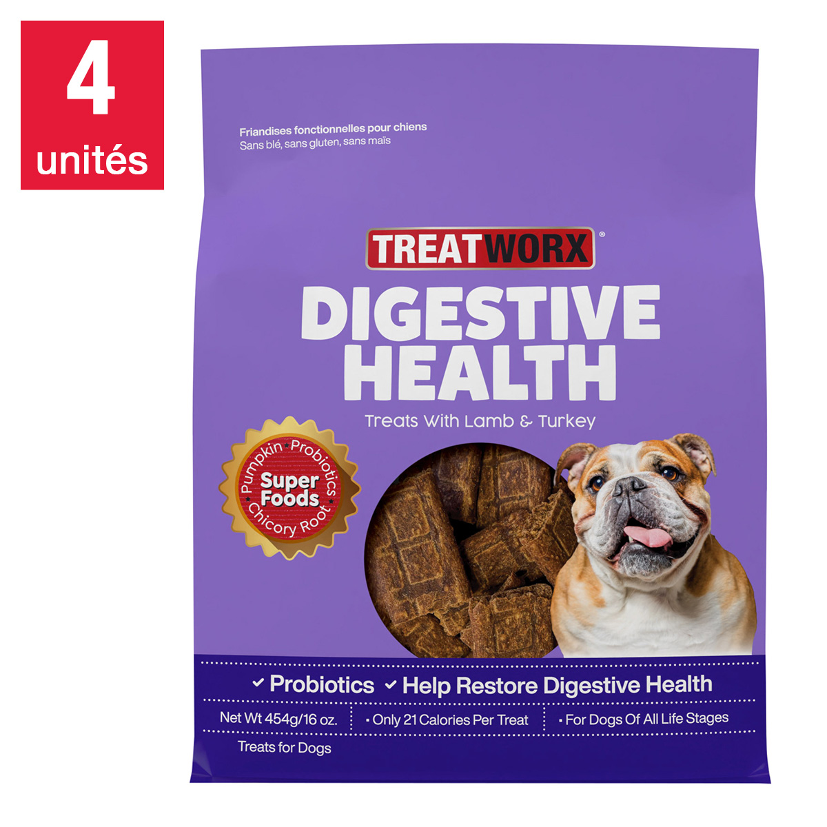 Treatworx - Gâteries pour chien d’agneau et dinde pour la santé digestive, 4 x 454 g