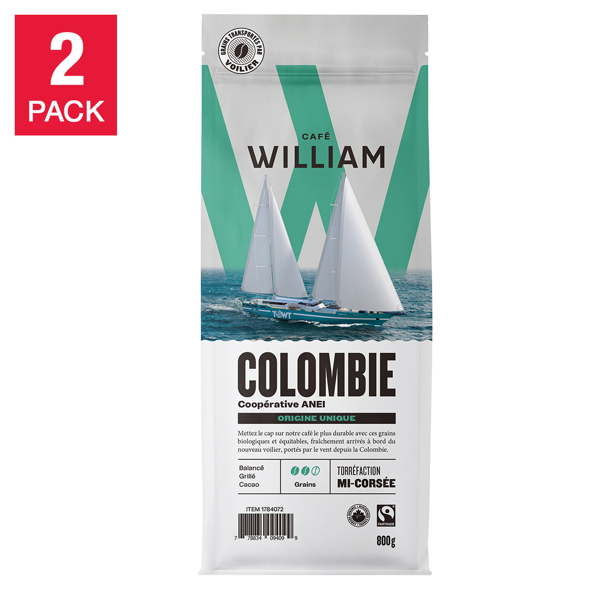 Café William Organic Medium Roast Colombian Coffee Beans, 2 × 800