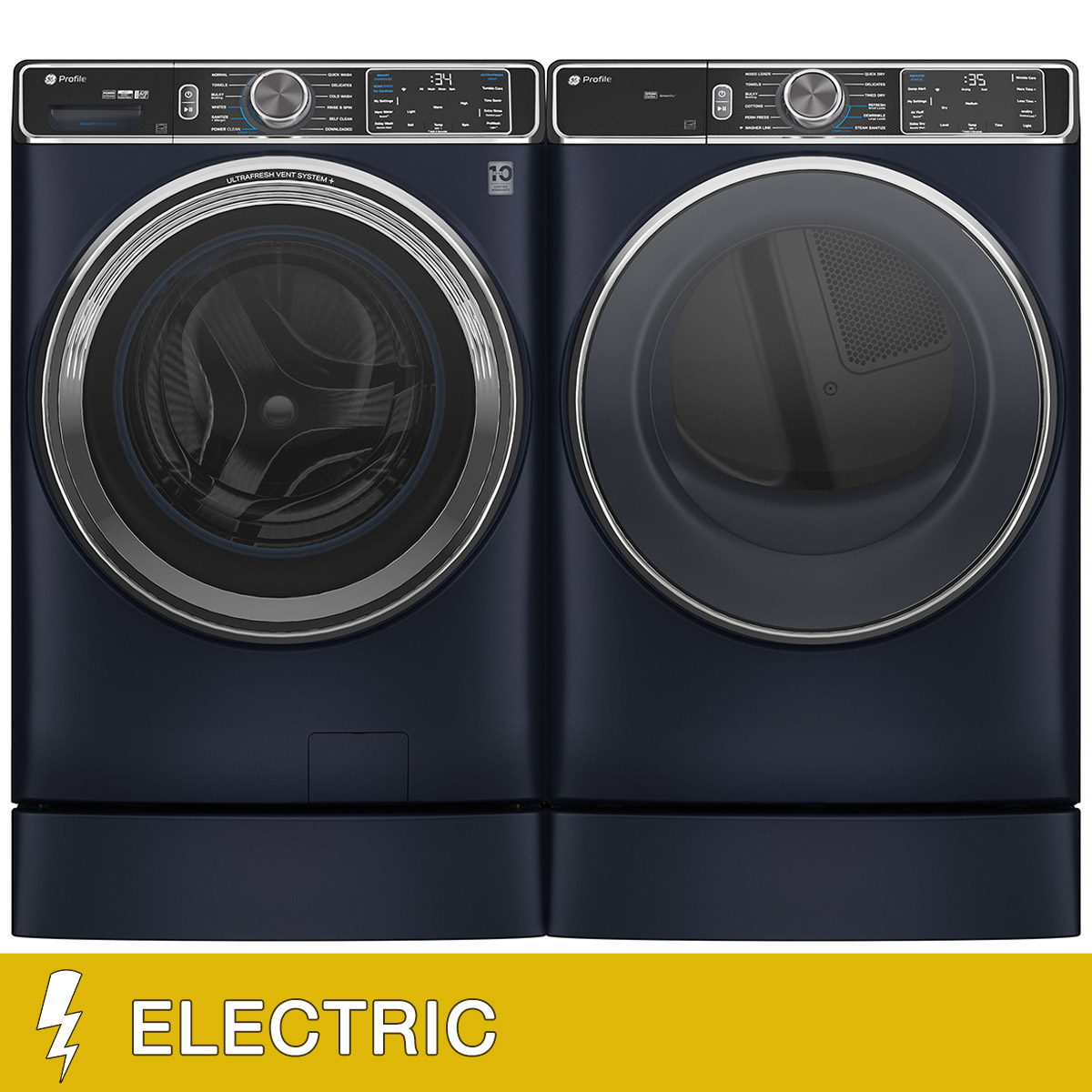 GE Profile 5.3 cu. ft. Front Load Washer with UltraFresh Vent System+ and 7.8 cu. ft. Front Load ELECTRIC Dryer with Steam and Sanitize Cycle with 7 inch Risers