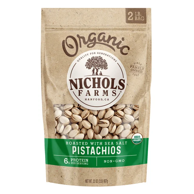 Nichols Farms Organic Roasted California Pistachios With Sea Salt, 32 oz