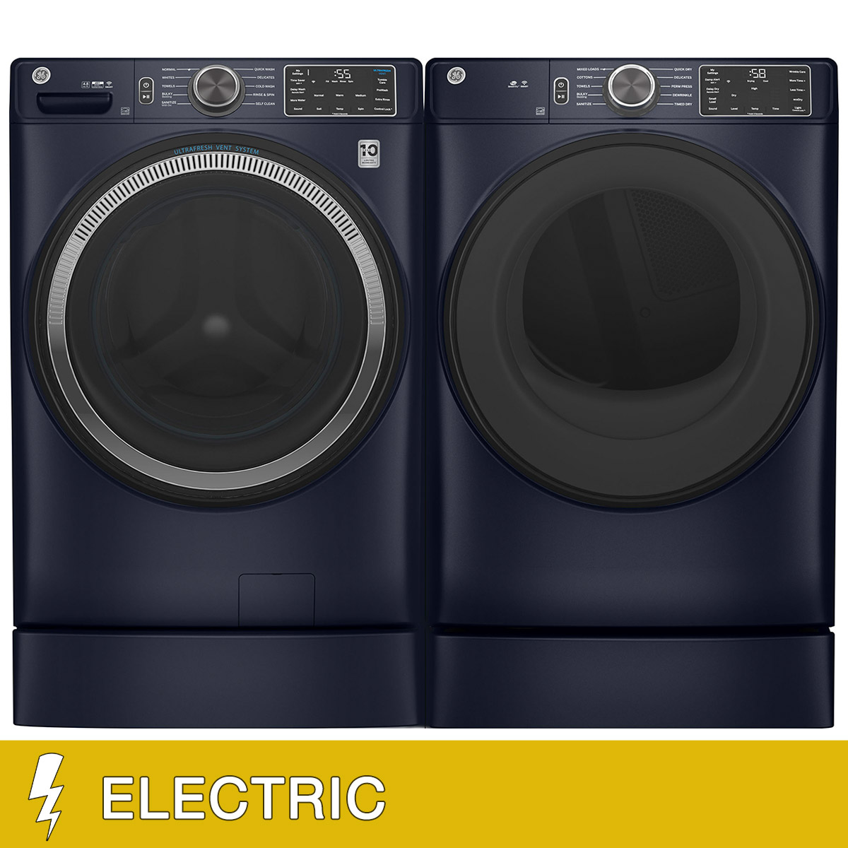 GE 4.8 cu. ft. Washer with Microban and 7.8 cu. ft. ELECTRIC Dryer Laundry Package with 7 inch Riser